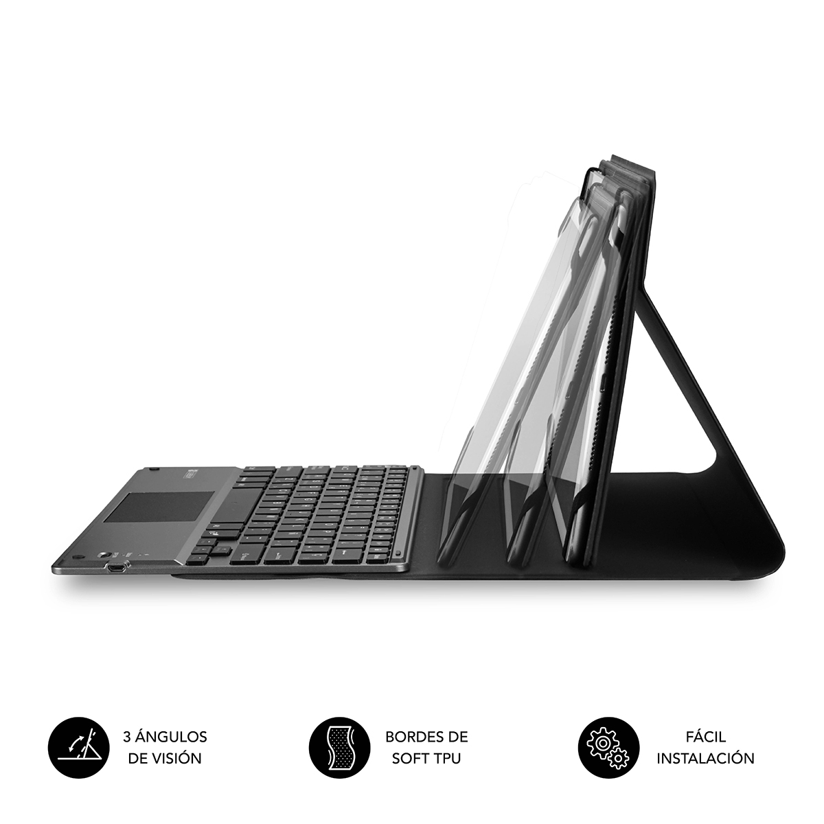 Una funda de teclado para tableta negra con ángulos de visión ajustables.