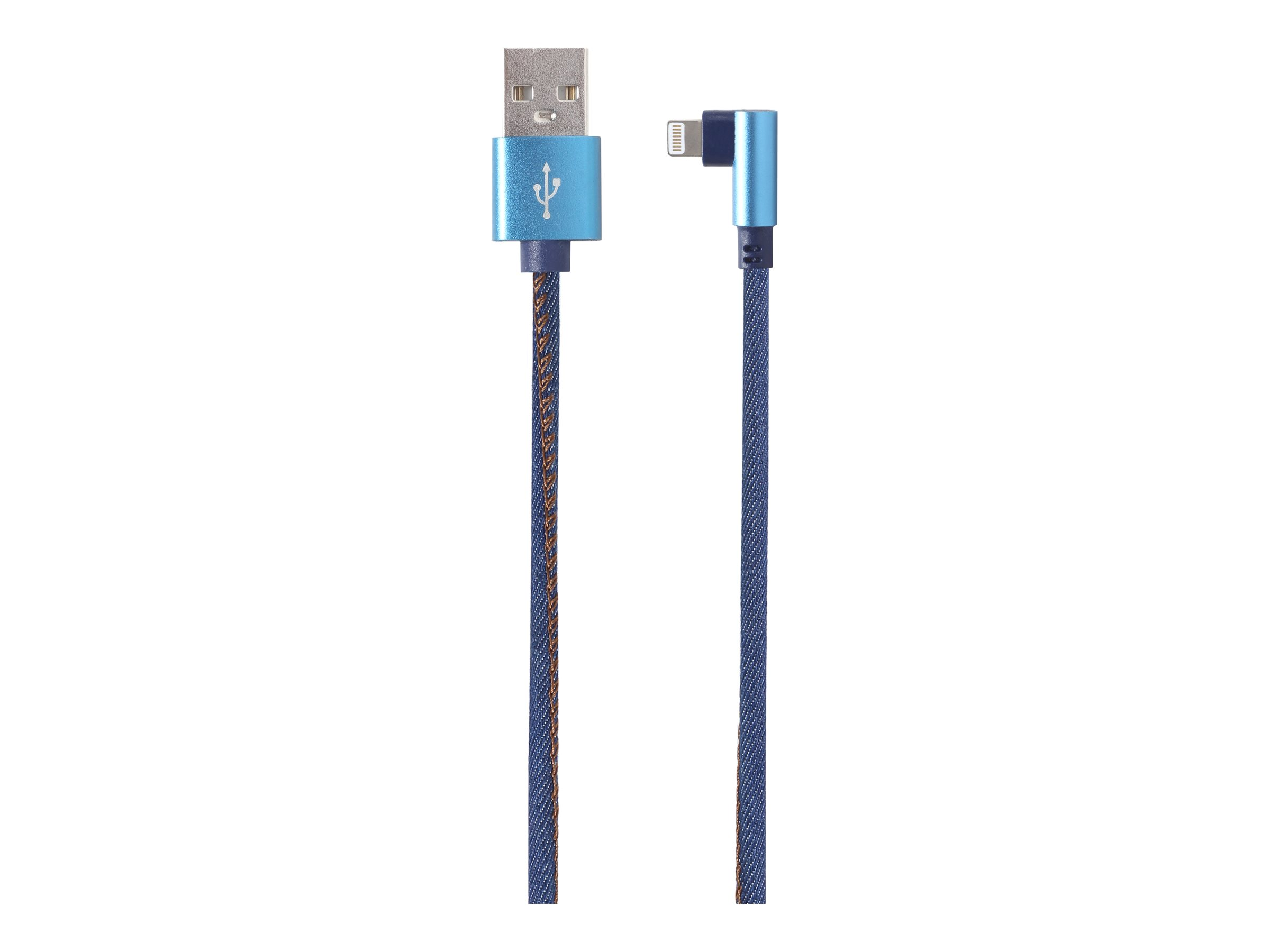 Cavo USB blu e grigio con USB blu e connettore Lightning angolato, bianco.