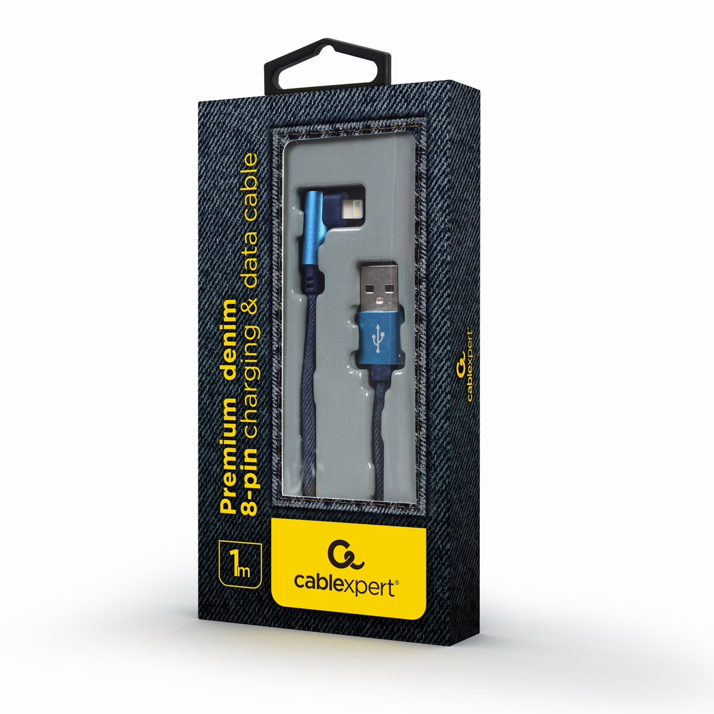 Cavo di ricarica denim blu in scatola, connettori USB e 8 pin angolati, bianco.
