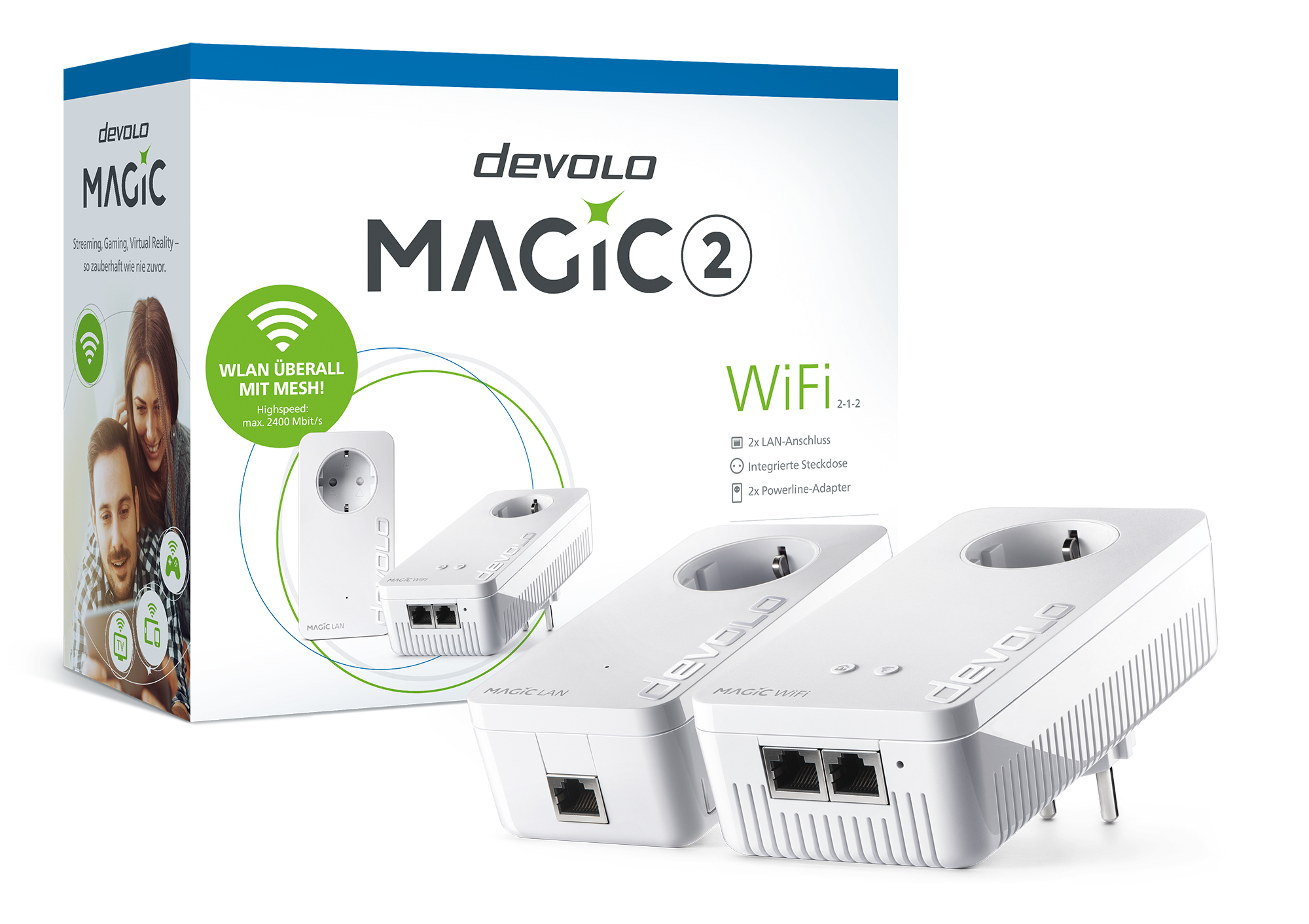 Białe pudełko z napisem 'devolo MAGIC 2 WiFi' i zdjęciem urządzeń, na białym tle.