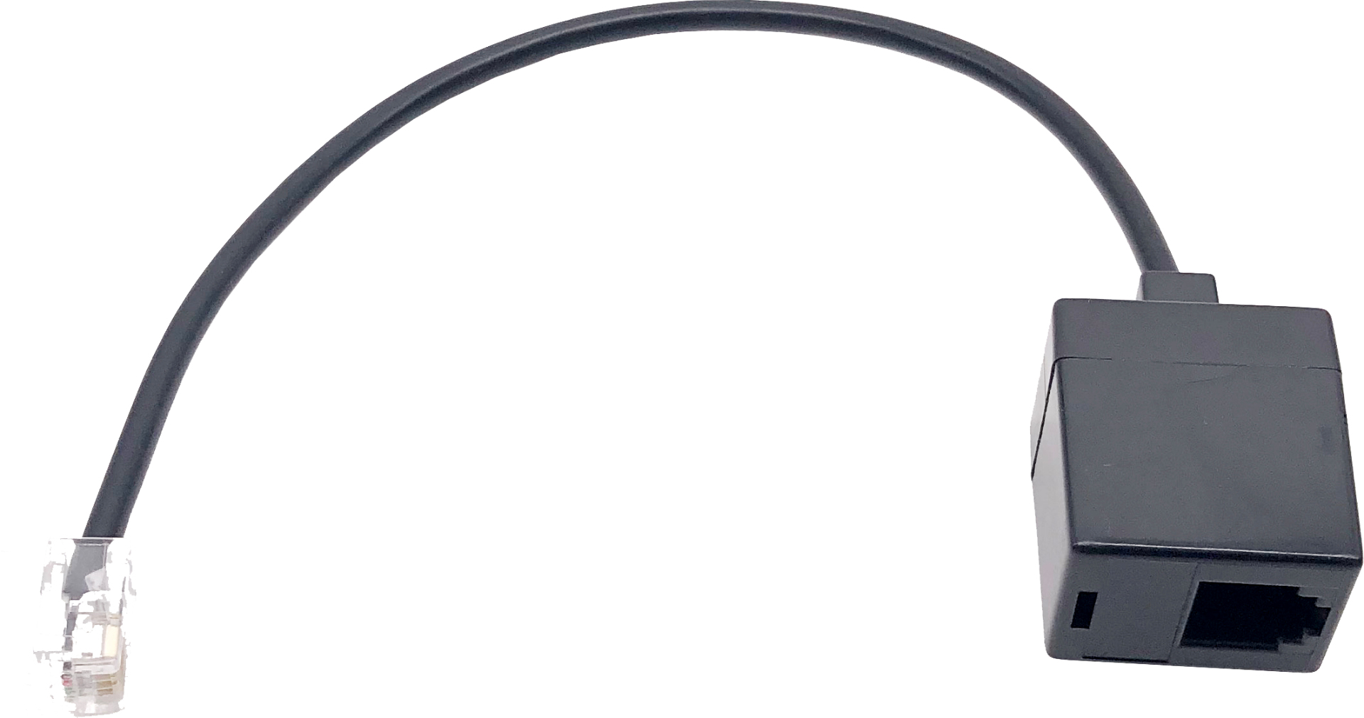 Cavo di rete nero con connettore RJ45 e scatola nera.