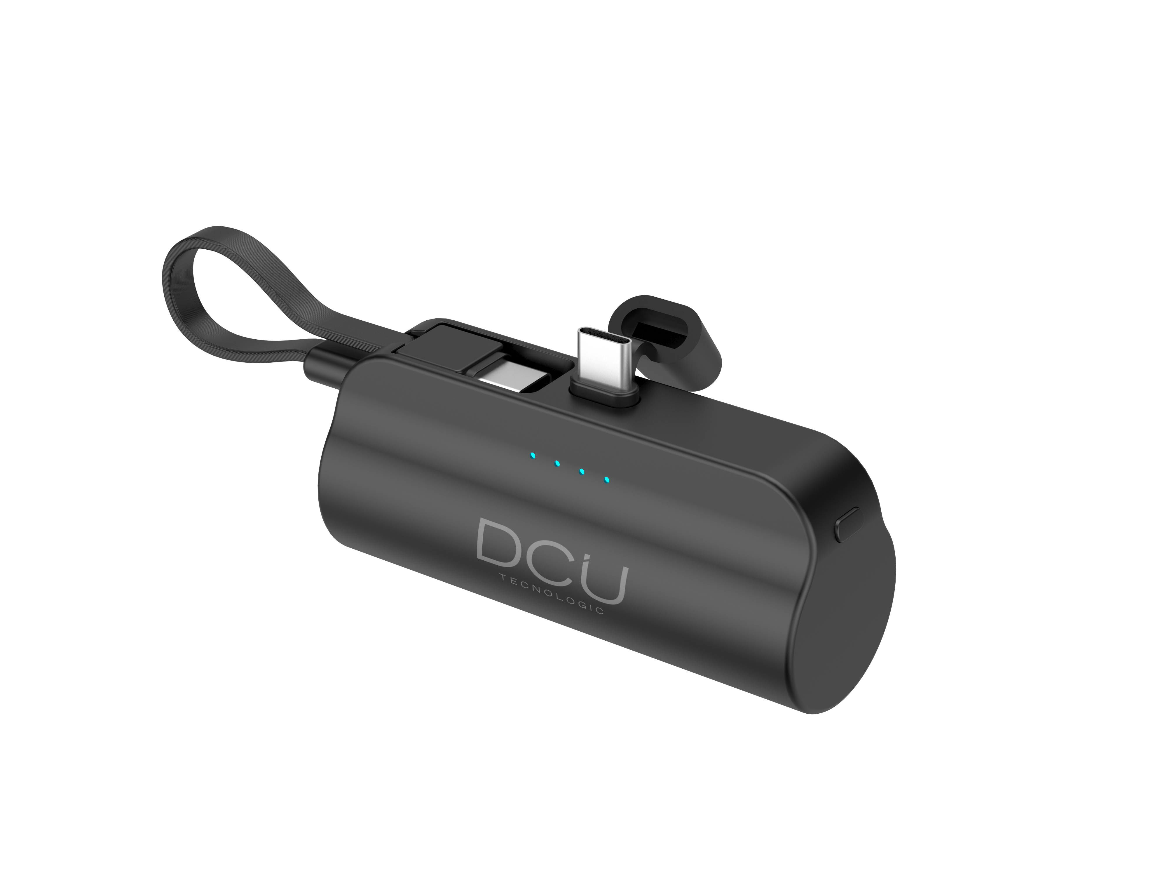 Batería externa DCU negra y plateada con puertos de carga y correa. Luces LED azules.