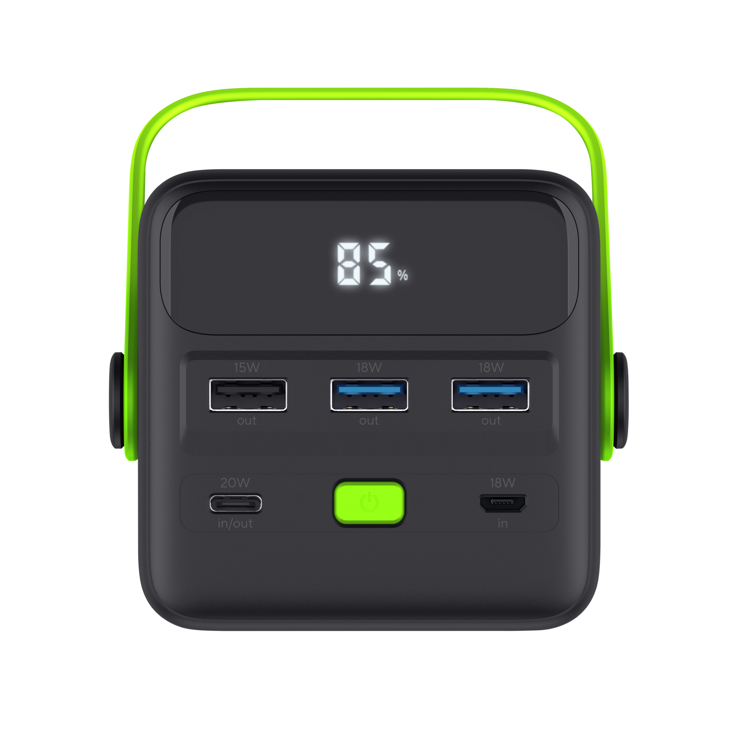 Eine schwarz-grüne Powerbank mit digitaler Anzeige und mehreren USB-Anschlüssen. Sie hat einen Griff.