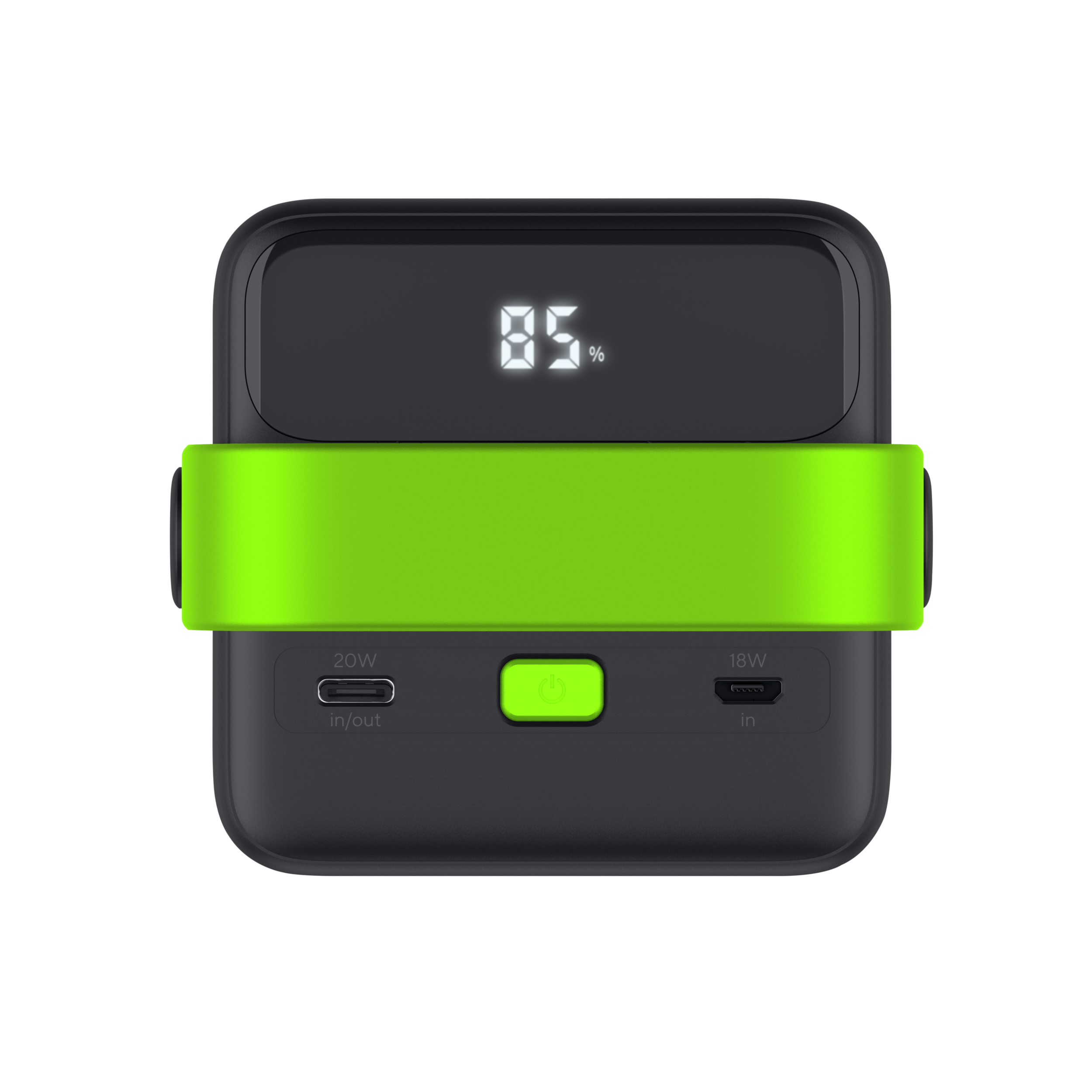 Schwarze Powerbank mit grünem Akzent und Digitalanzeige mit 85%.