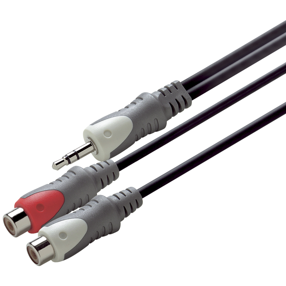 Cavo audio con jack da 3,5 mm e due connettori RCA, grigio e rosso. Cavo nero.