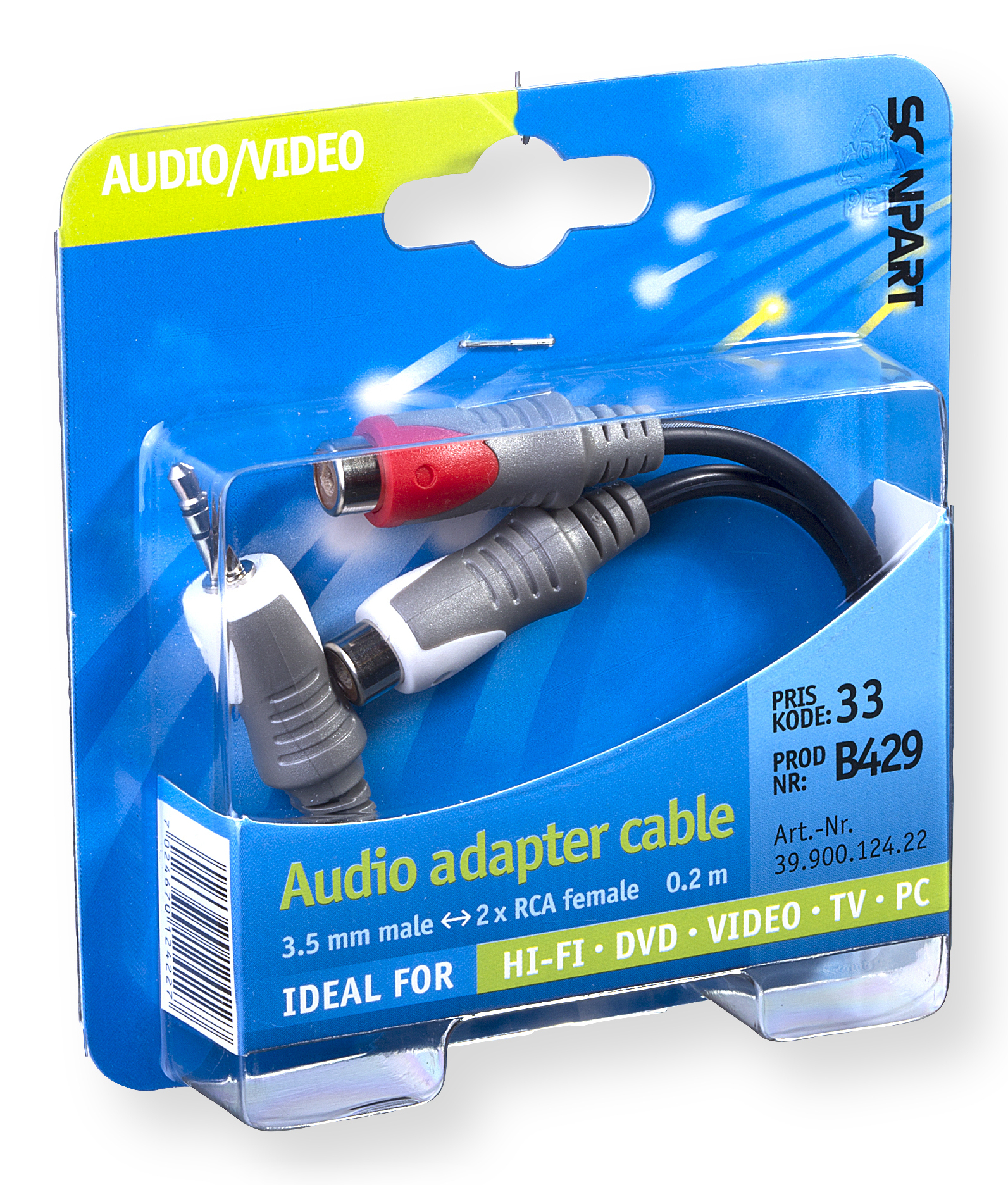 Confezione di plastica blu e bianca contenente un cavo adattatore audio. Il cavo è nero con RCA e jack da 3,5 mm.