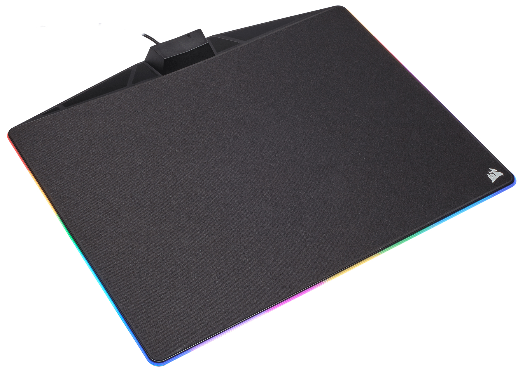 Ein schwarzes Gaming-Mauspad mit LED-Leuchten an den Rändern.