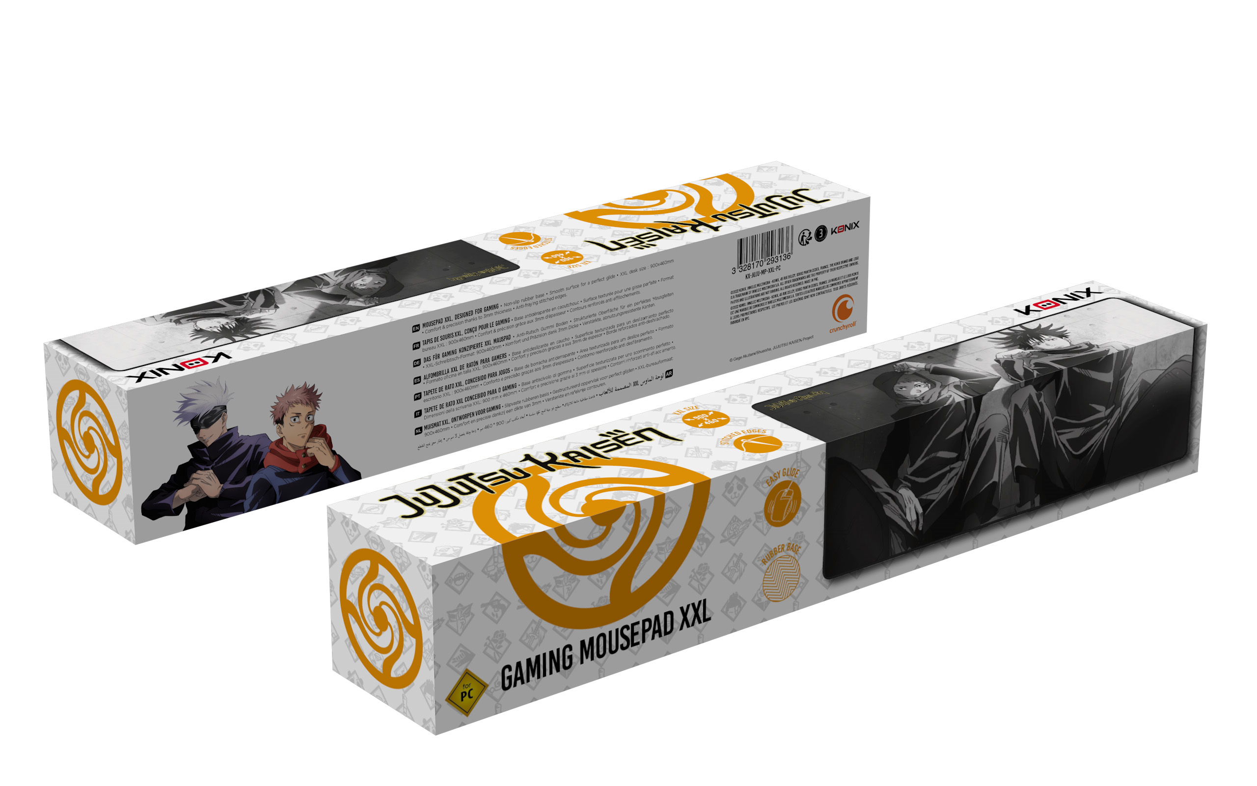 Dwa pudełka podkładek pod mysz Jujutsu Kaisen. Białe i pomarańczowe z grafiką mangi. Białe.