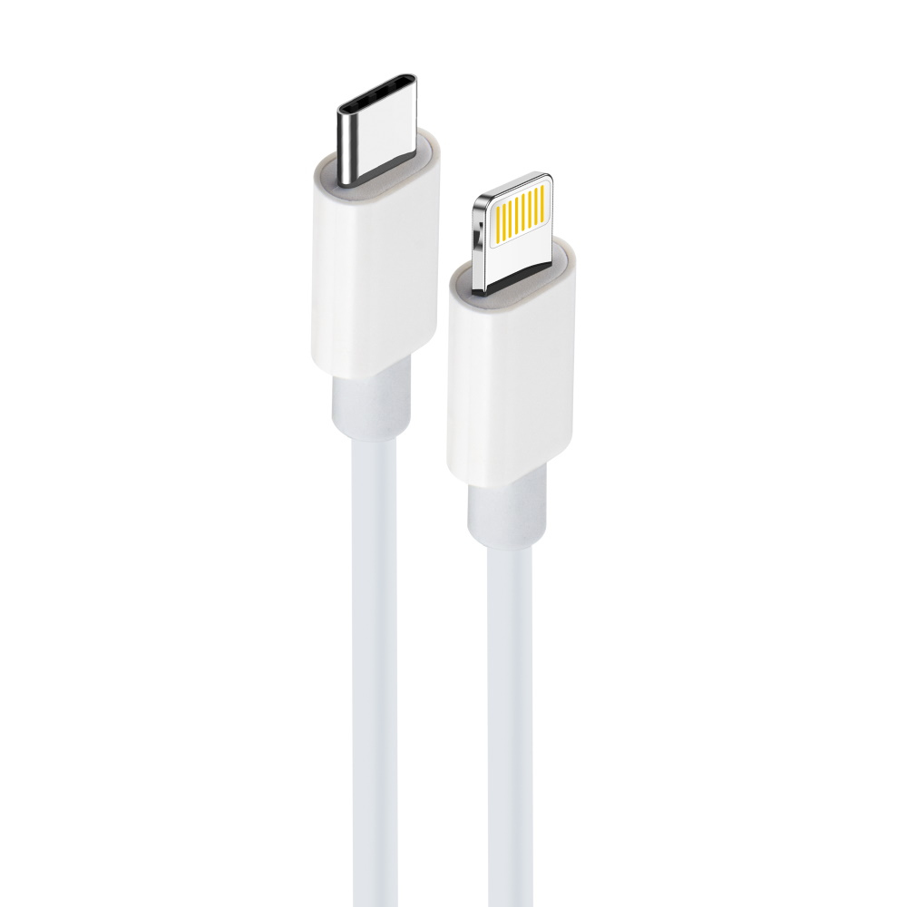 Due cavi di ricarica bianchi con connettori USB-C e Lightning, sfondo bianco.