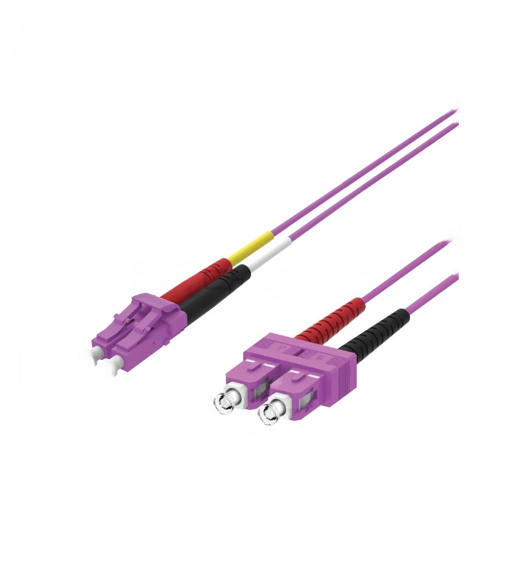 Due connettori in fibra ottica con alloggiamenti e cavi viola su sfondo bianco.