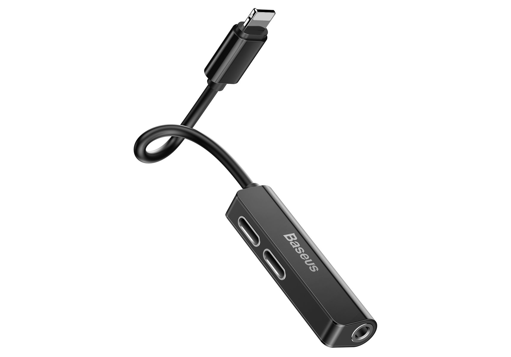 Czarny adapter Baseus. Złącze Lightning u góry, dwa gniazda audio na dole.
