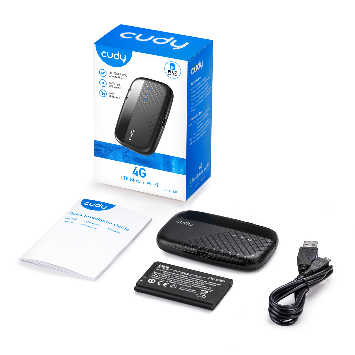 Caja Cudy 4G LTE Mobile Wi-Fi, contenido: dispositivo, batería, cable y guía.