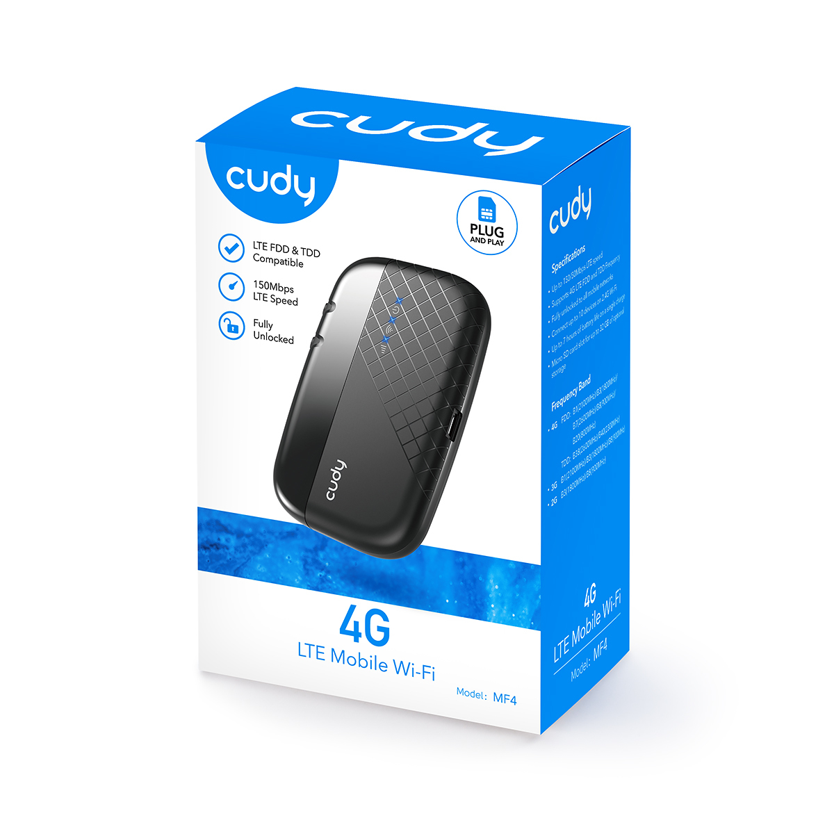 Caja Cudy 4G LTE Mobile Wi-Fi con imagen del dispositivo. Fondo blanco.