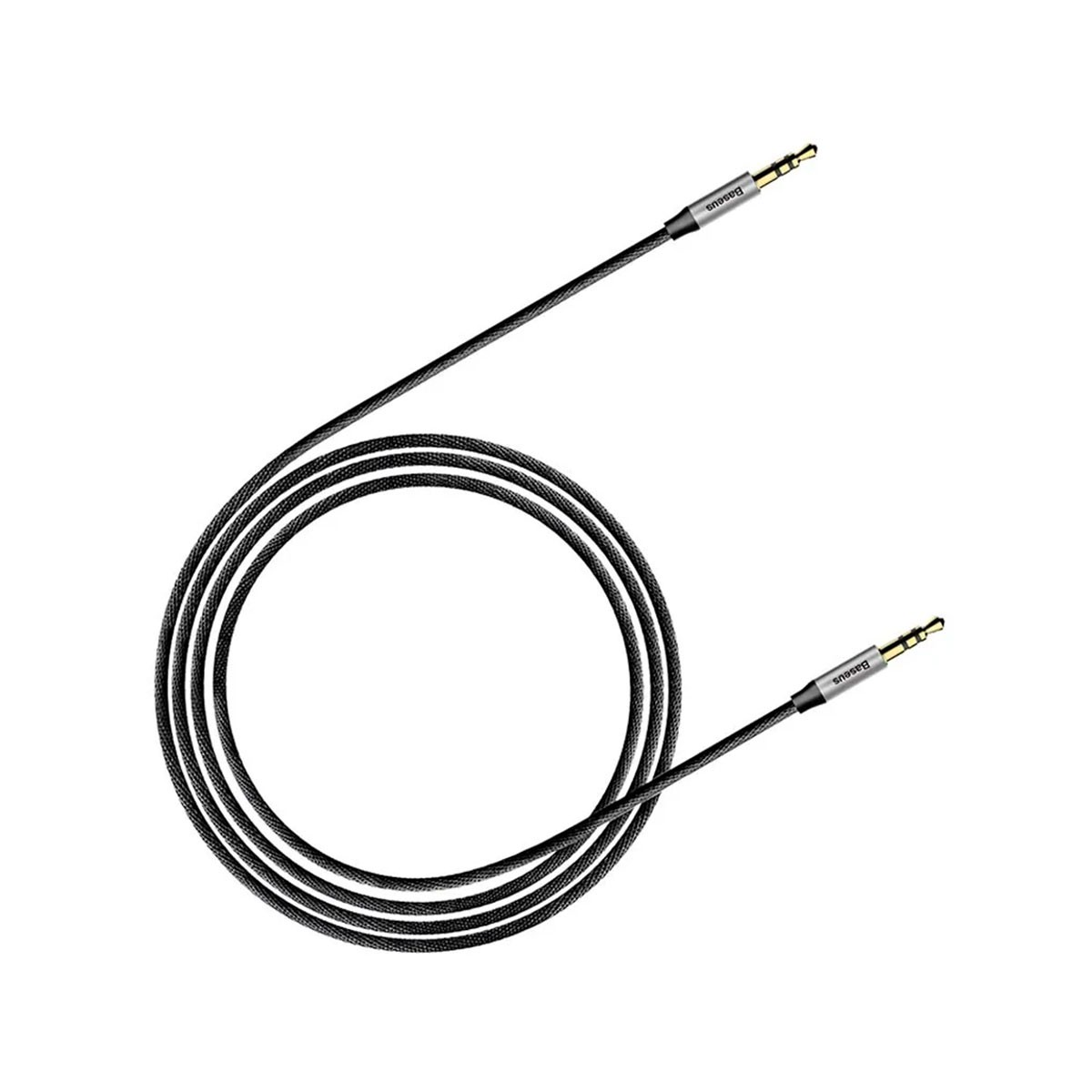 Czarny kabel audio ze złotymi złączami. Etykieta Baseus.