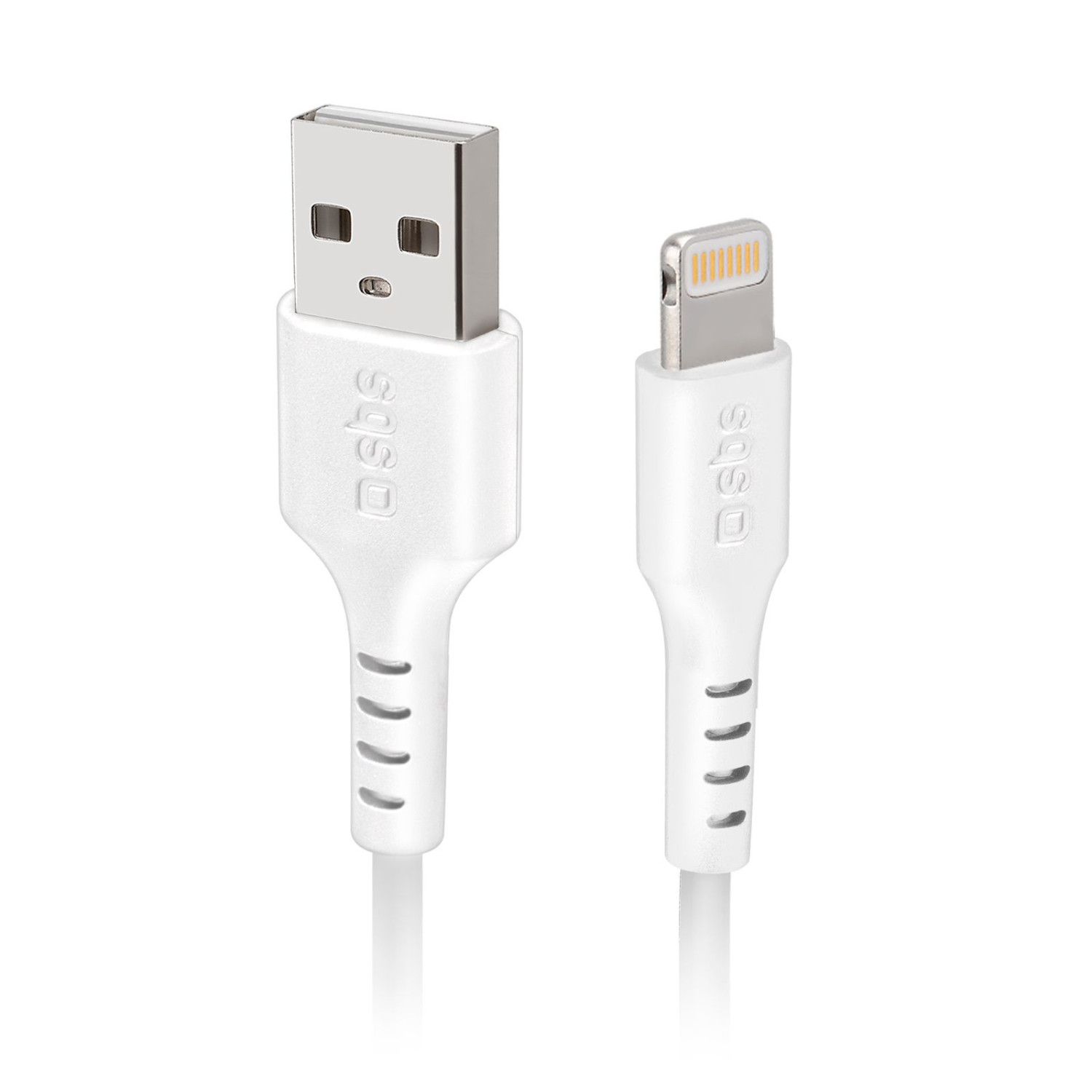 Biały kabel USB do Lightning. Złącze Lightning po prawej stronie.