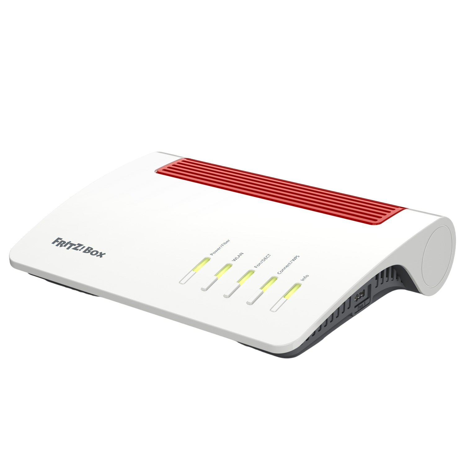 Een witte router met een rode streep en groene lampjes. De achtergrond is effen wit.