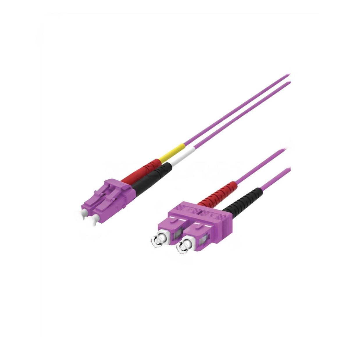 Due cavi in fibra ottica viola con connettori, su sfondo bianco.