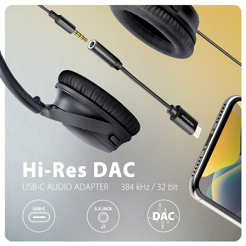 Słuchawki, adapter i telefon. Tekst: Hi-Res DAC, USB-C, gniazdo 3,5 i ikony DAC.