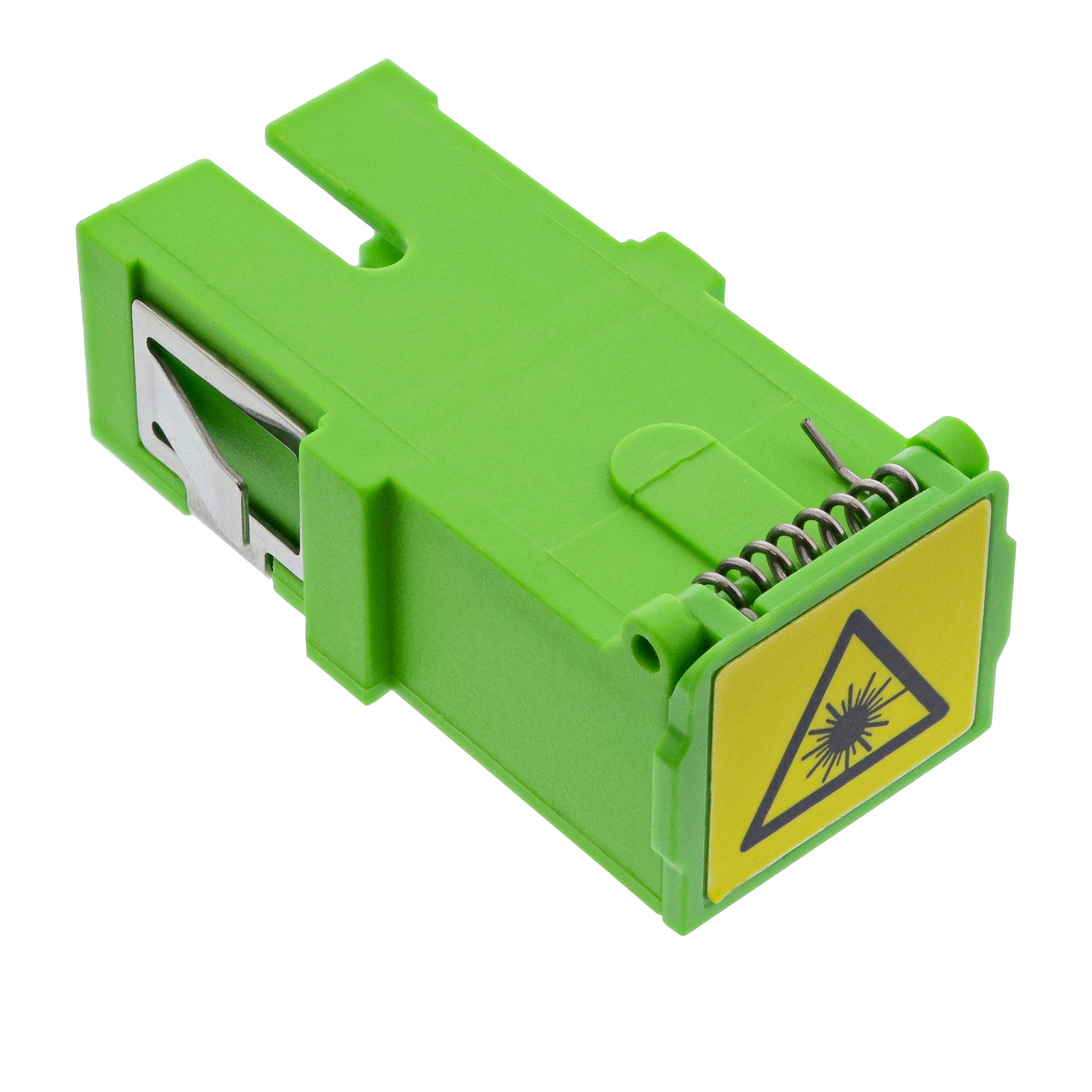 Adattatore in fibra ottica verde con etichetta di avvertimento.