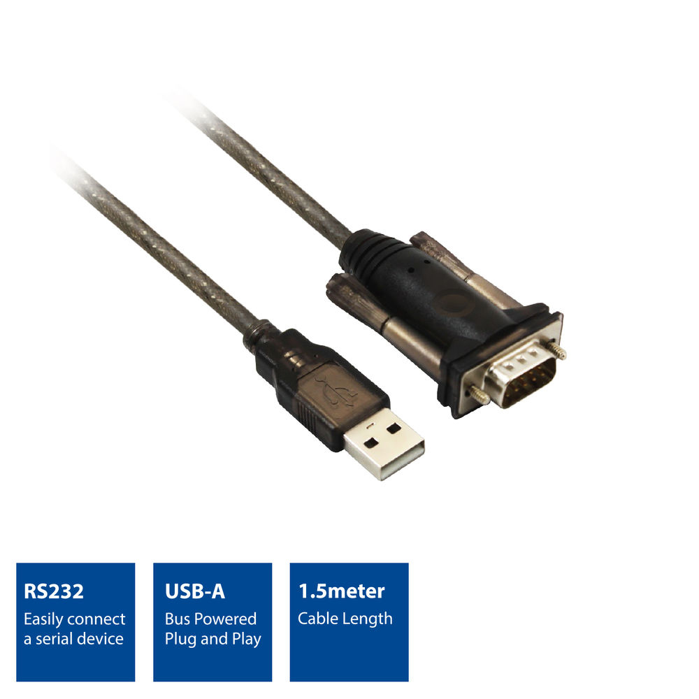 Kabel USB do RS232, porty USB-A i szeregowe, z blokami informacyjnymi.