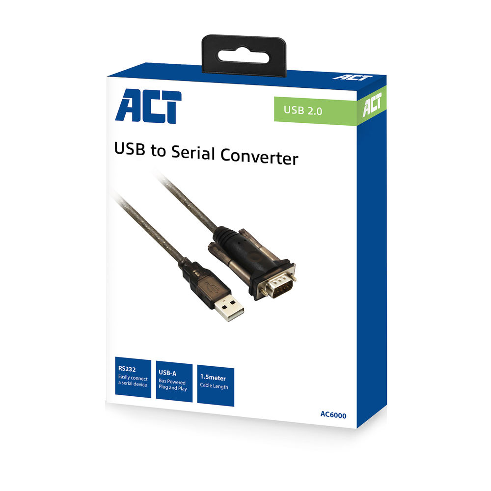 Pudełko konwertera USB na szeregowy z podłączonym kablem, pokazujące logo ACT.