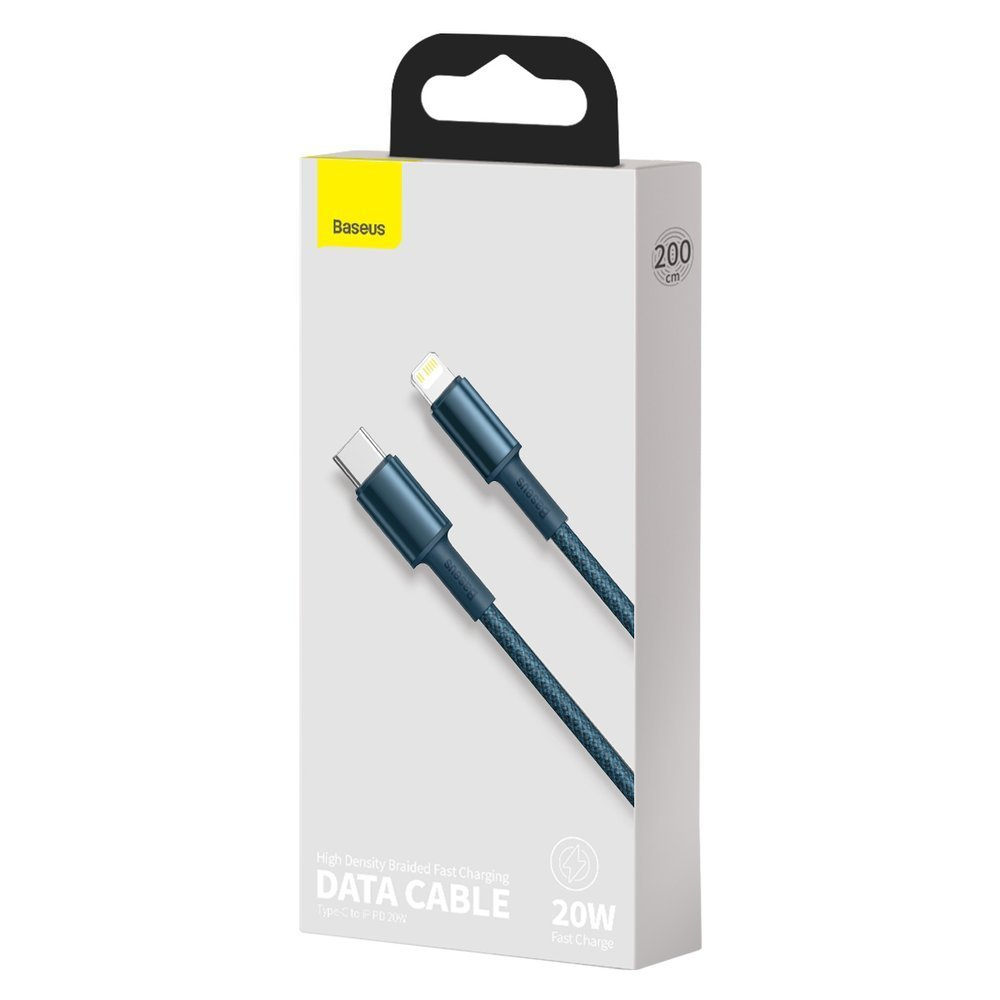 Câble de données Baseus dans une boîte blanche. Câble avec USB-C et Lightning, charge rapide 20W.