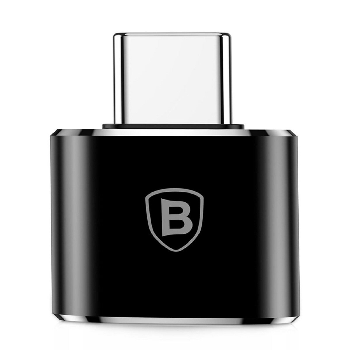 Czarny adapter USB-C z literą 'B' na srebrnej powierzchni.
