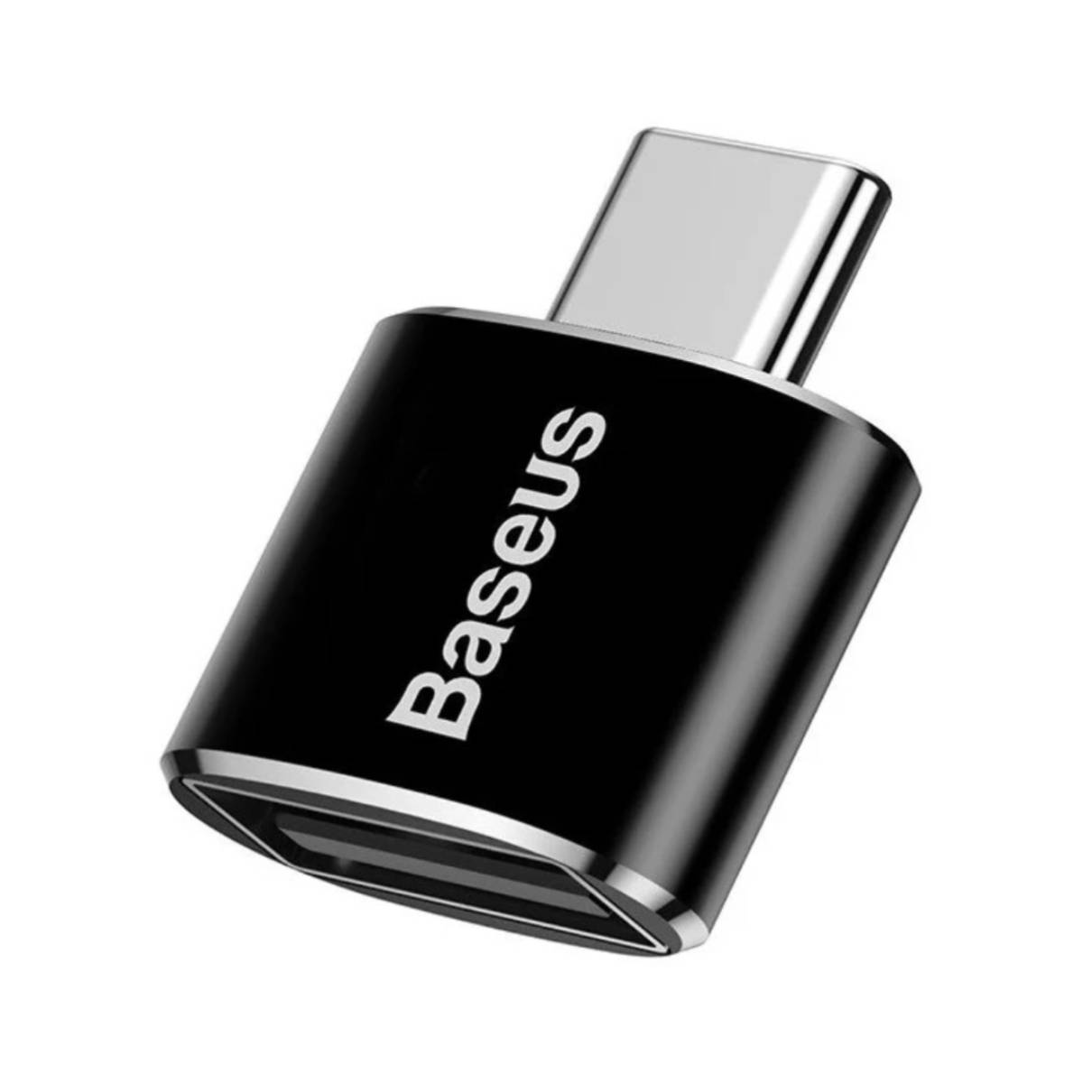 Czarny adapter USB-C Baseus ze srebrnym złączem USB-C, białe tło.