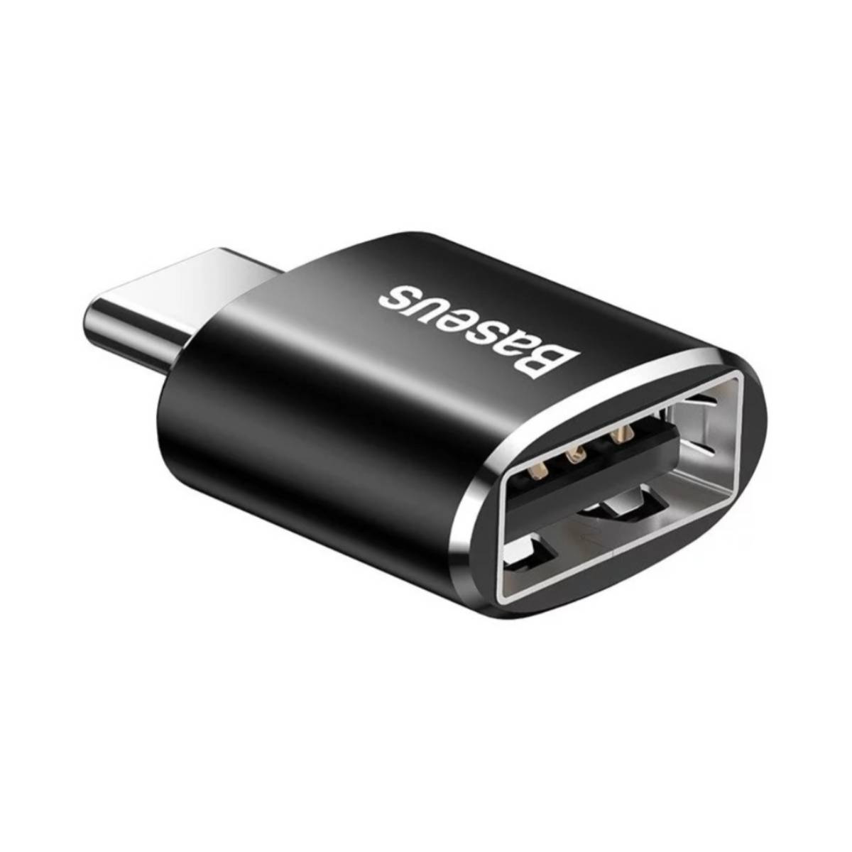 Czarny adapter USB-C na USB. Widoczna nazwa marki Baseus.
