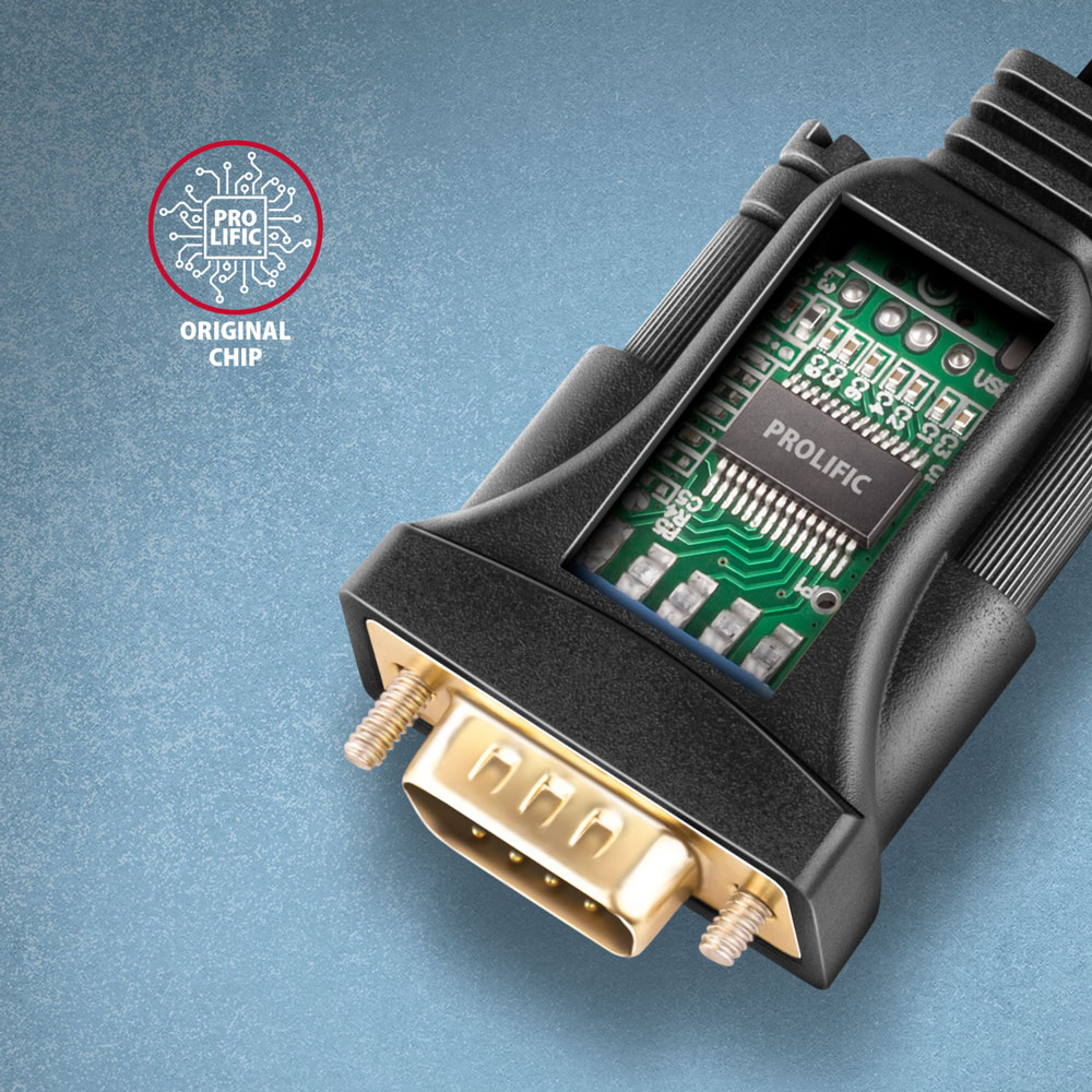 Czarna głowica kabla z zieloną płytką drukowaną na niebieskim tle.