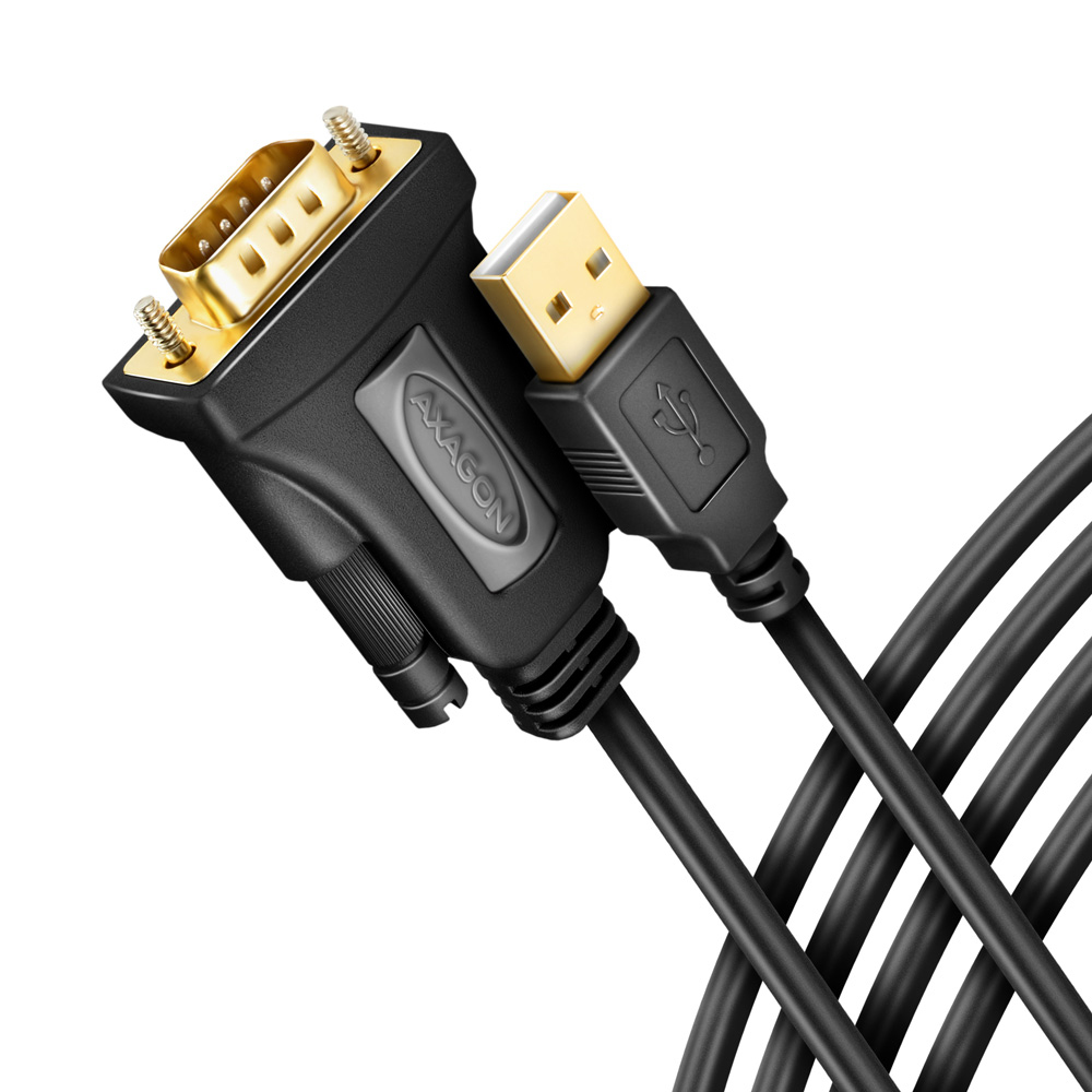 Adattatore Axagon nero con connettori USB-A e DB9, cavo nero, sfondo bianco.