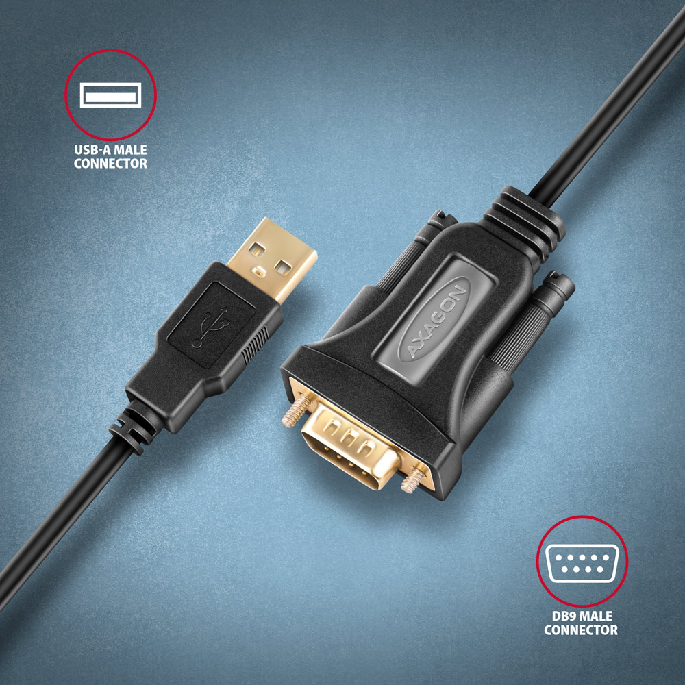 Connettori USB-A e DB9 con cavo. USB-A a sinistra, DB9 a destra.