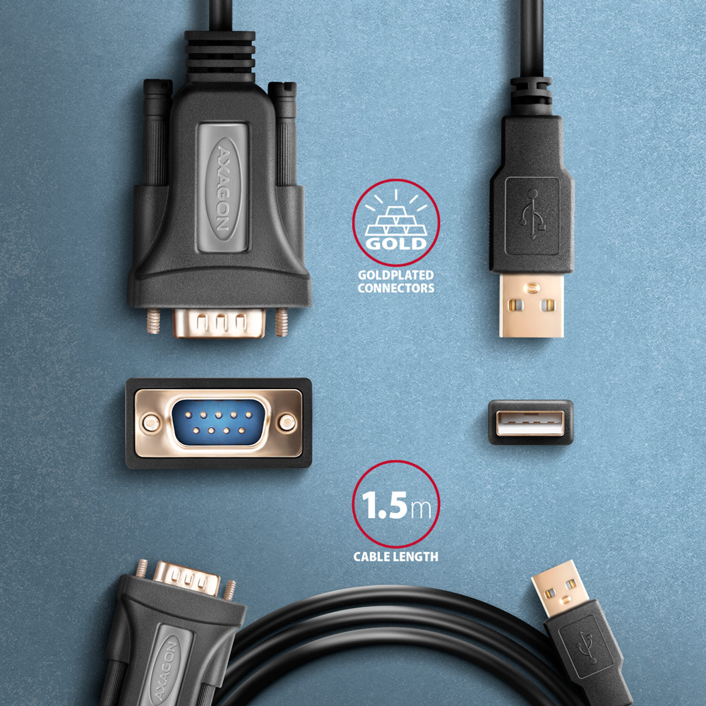 Cavo USB nero con connettori dorati, lungo 1,5 m. Sfondo blu.