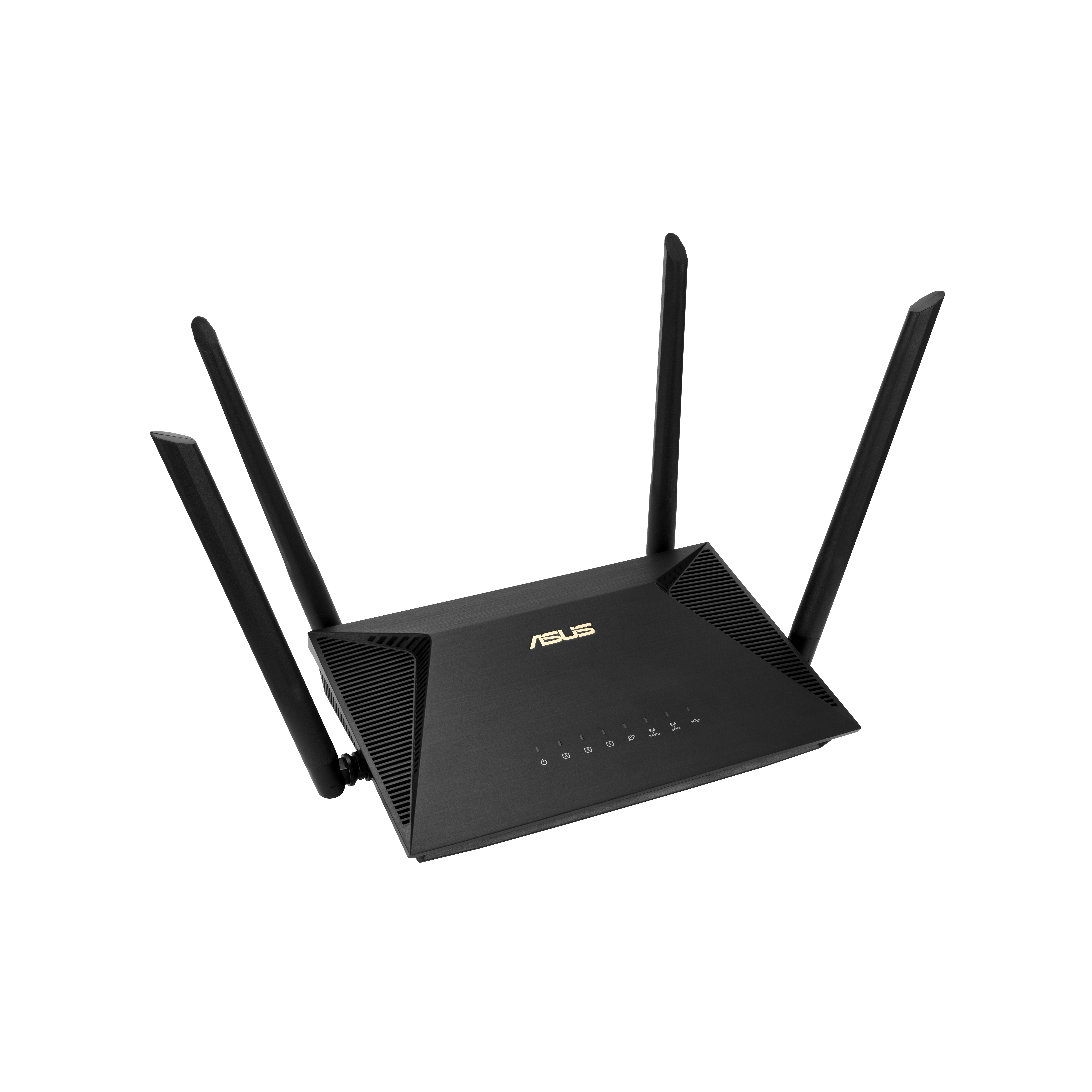 Czarny router Asus z czterema antenami. Logo widoczne na górze.