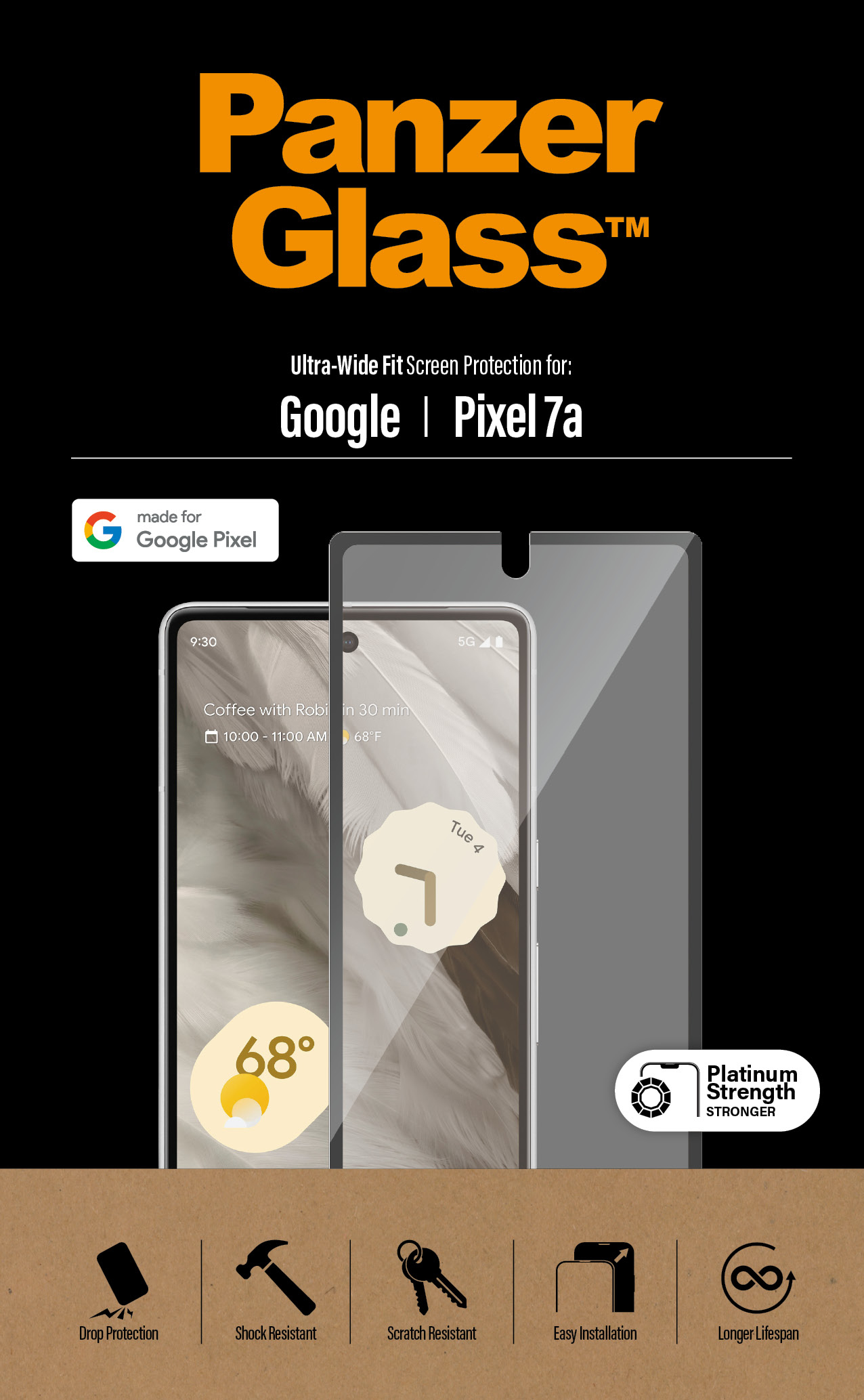Ochraniacz ekranu do Google Pixel 7a, ze zdjęciem telefonu i informacjami o produkcie na czarnym tle.