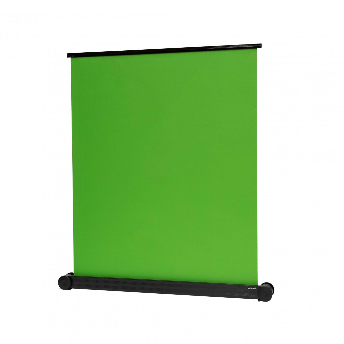 Una pantalla verde sobre un soporte enrollable negro. La pantalla es rectangular y tiene una parte superior negra.