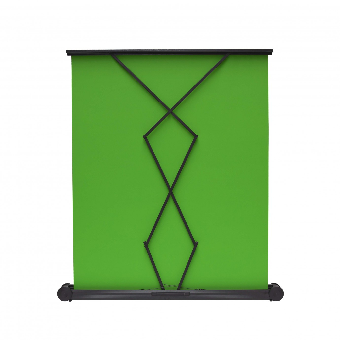 Pantalla verde en un soporte retráctil. Marco y base negros visibles.