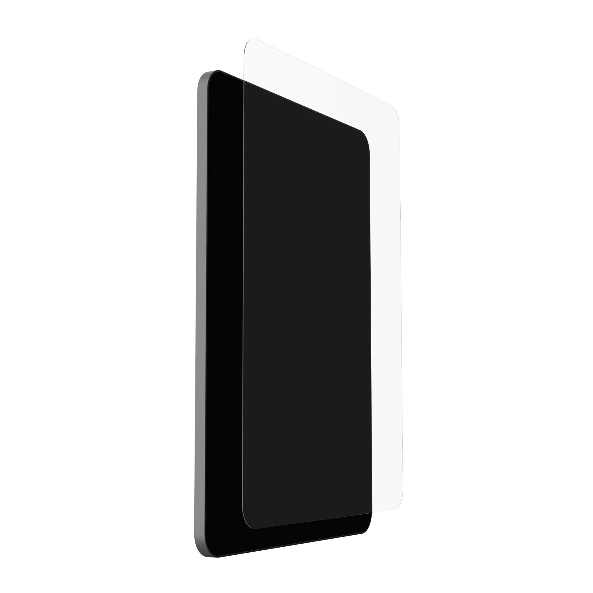Un tablet con una protezione per lo schermo, che mostra lo schermo e la protezione affiancati.