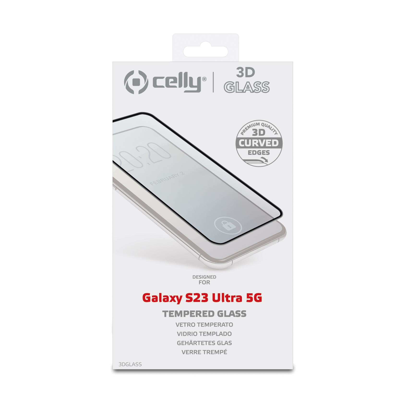 Una scatola per la protezione dello schermo. La scatola riporta le parole '3D GLASS' e 'Galaxy S23 Ultra 5G'.