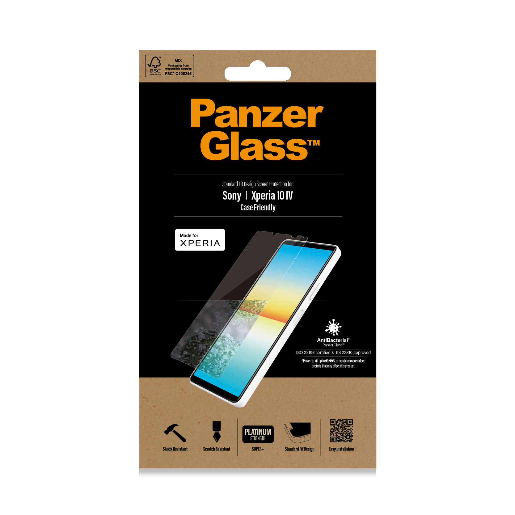 Scatola con un telefono e un proteggi schermo. La scatola è etichettata PanzerGlass. Sfondo bianco.