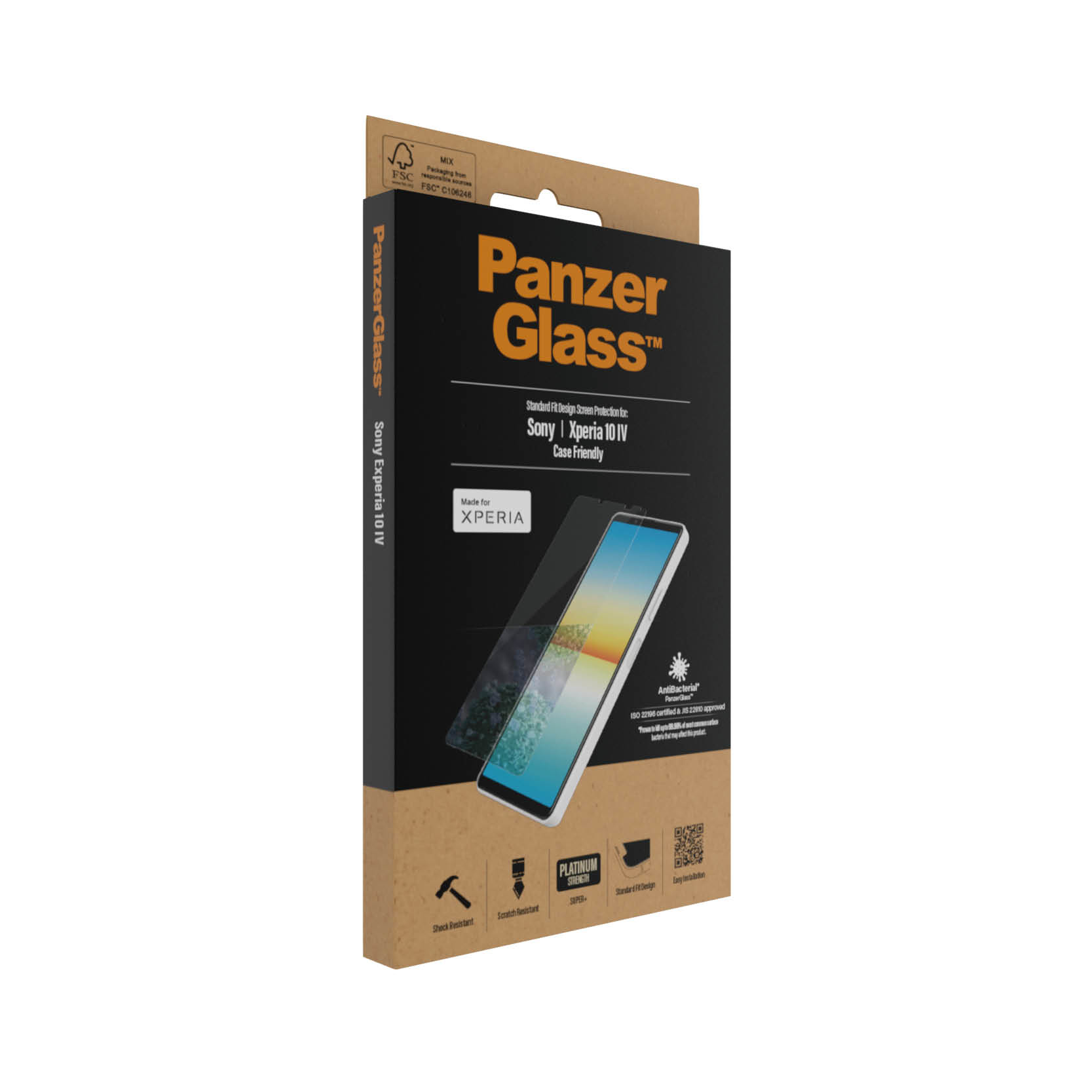 Scatola con PanzerGlass per Sony Xperia 1 IV. Mostra telefono e funzioni come resistenza agli urti.