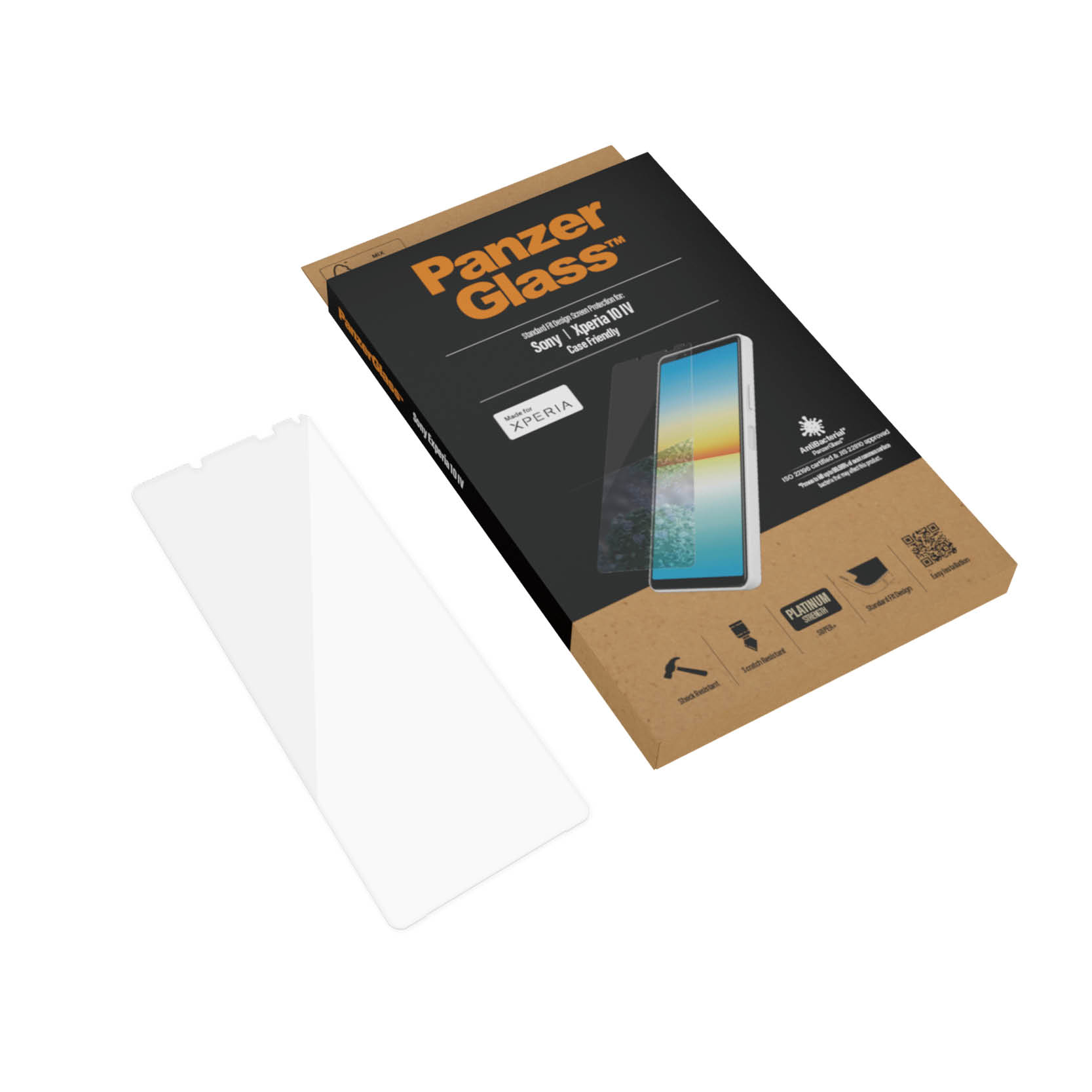 Scatola PanzerGlass con protezione schermo in vetro e telefono su sfondo bianco. Vengono mostrate le funzioni.