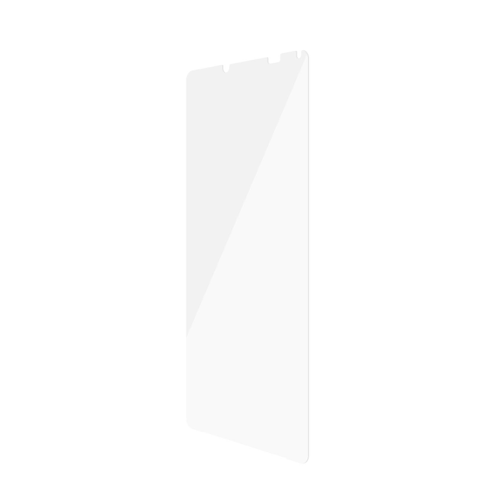 Un proteggi schermo in vetro trasparente per un telefono, leggermente angolato su sfondo bianco.