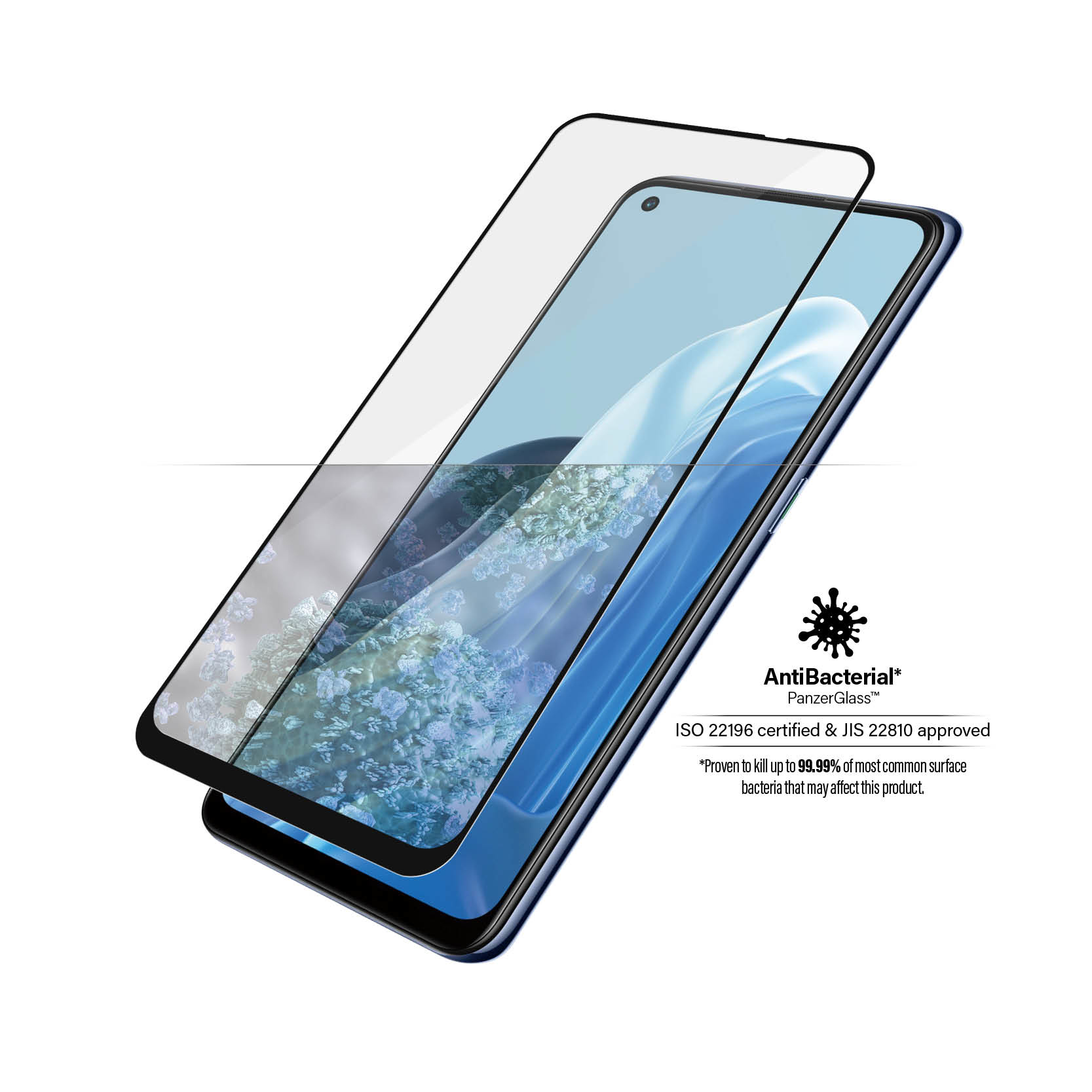Telefono con protezione schermo in vetro applicata. Logo antibatterico visibile. Il telefono è blu scuro.