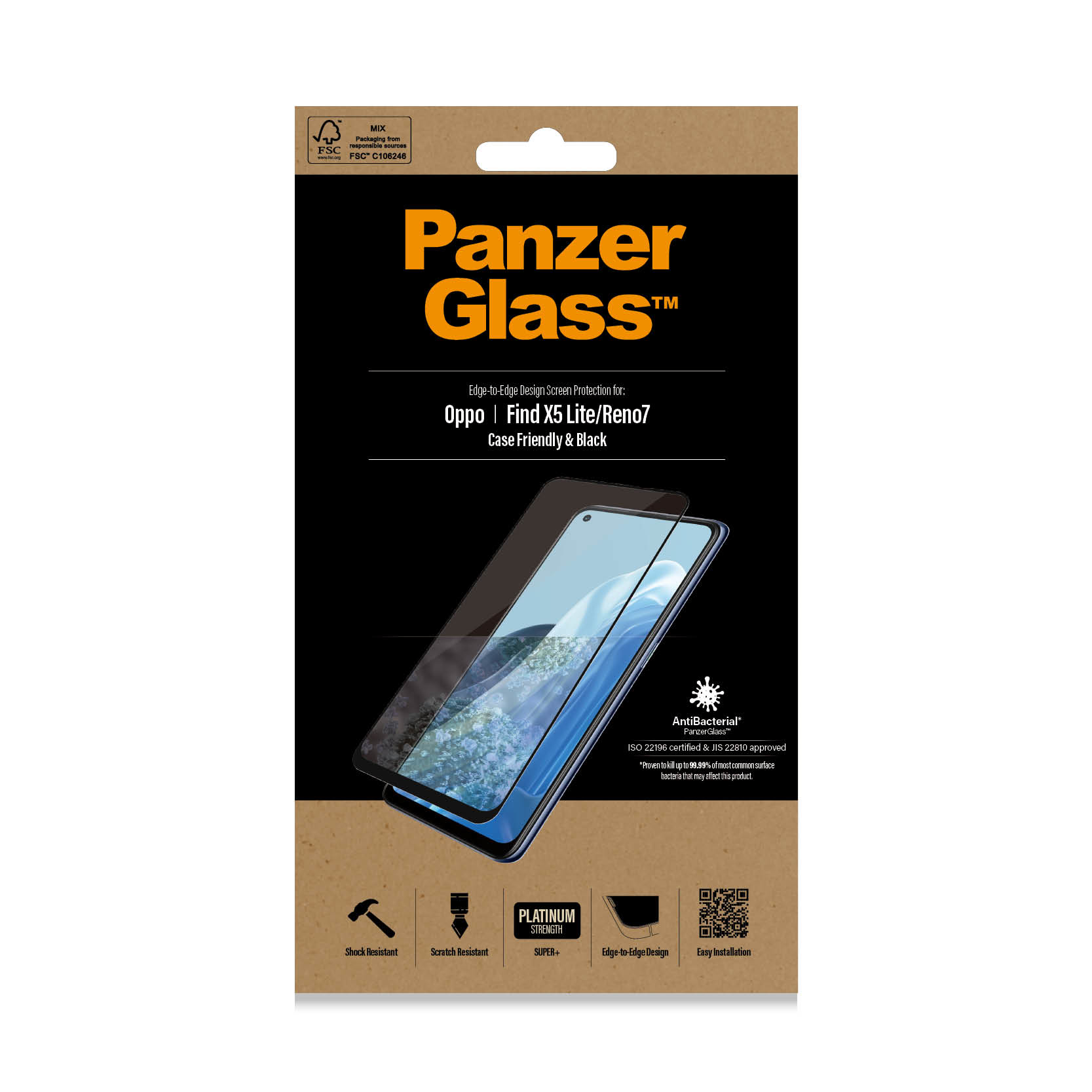 Scatola PanzerGlass per Oppo Find X5 Lite/Reno7. Telefono con protezione dentro. Vengono mostrate le funzioni.