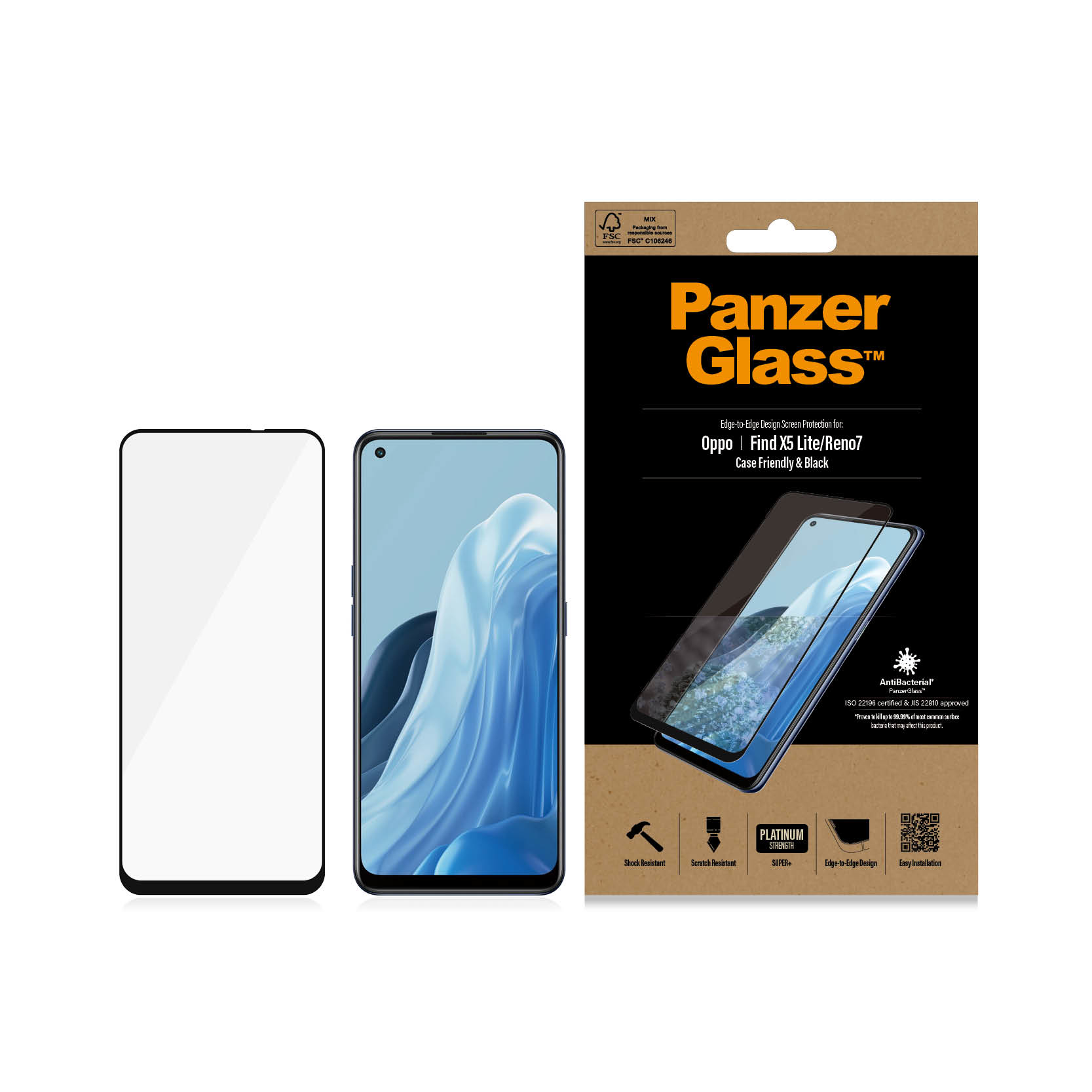 Scatola PanzerGlass e telefono con protezione schermo applicata. Vengono mostrate le funzioni. Sfondo bianco.