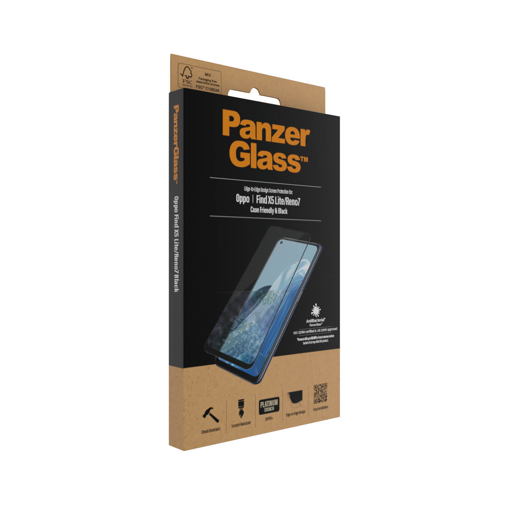Scatola PanzerGlass per Oppo Find X5 Lite/Reno7 in prospettiva. Funzioni come il design edge-to-edge visibili.
