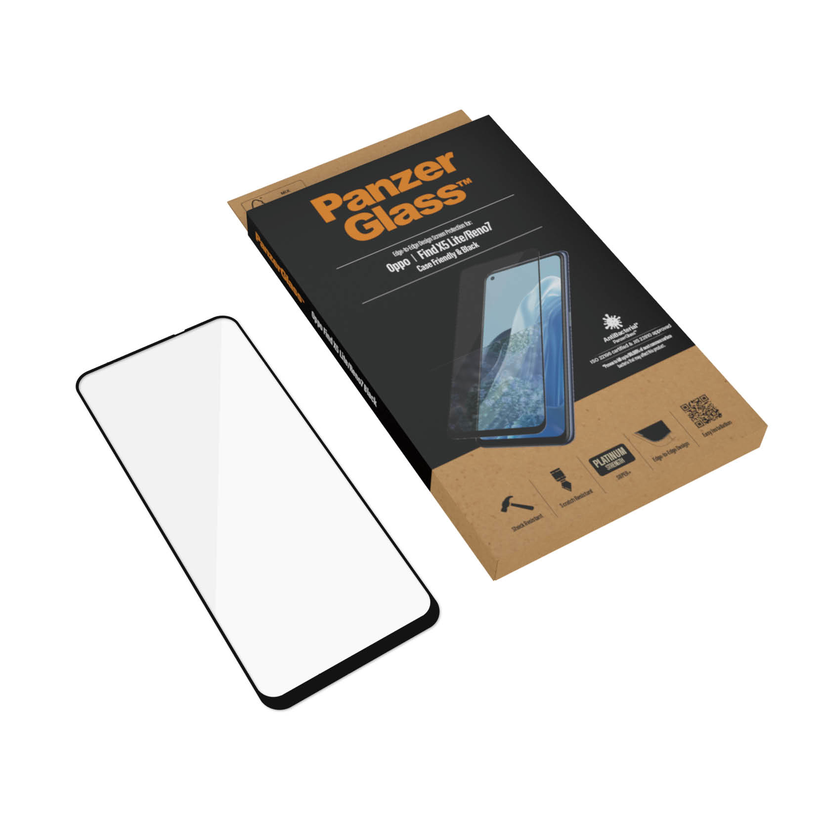 Scatola PanzerGlass e telefono con protezione schermo. Il telefono è nero. È per Oppo Find X5 Lite/Reno7.