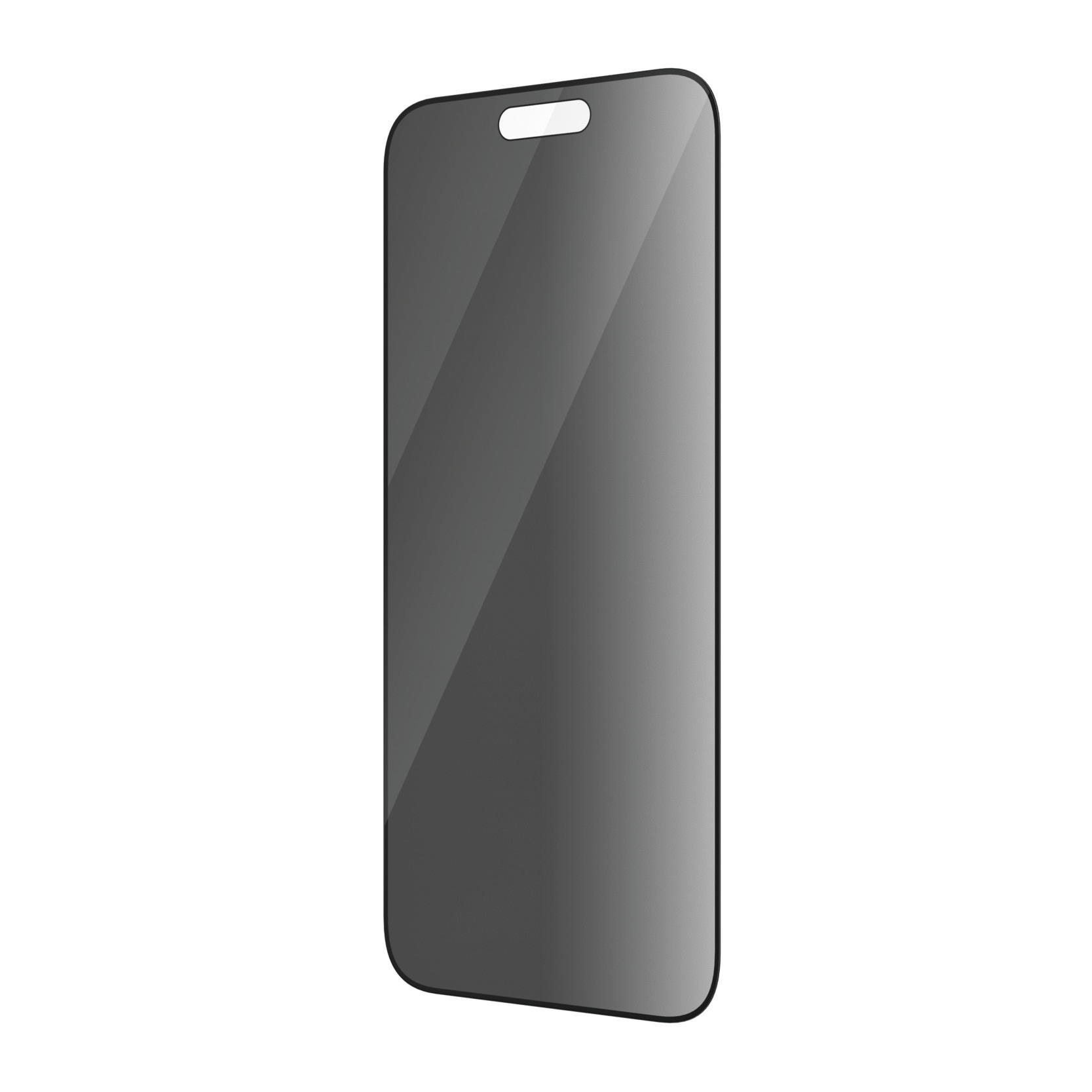 Bir telefon için koyu gri bir ekran koruyucu. Kulaklık için bir kesik ve dikdörtgen şeklinde.
