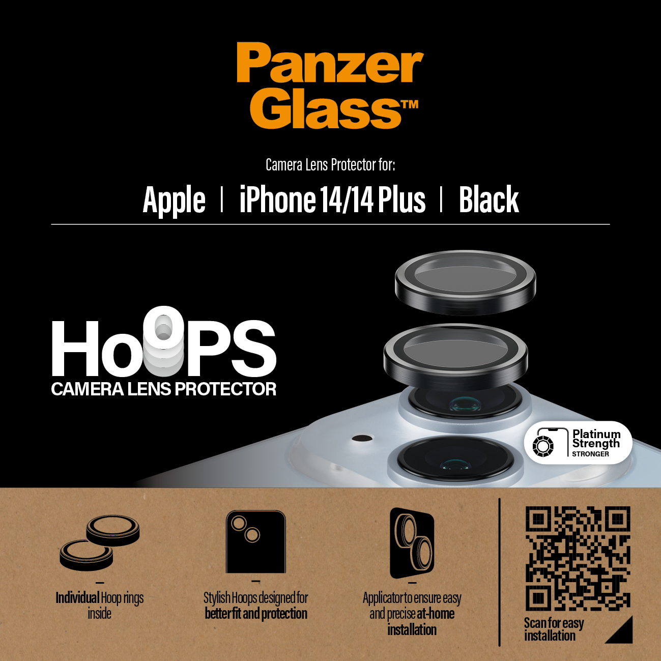 Camera lens protector kit voor iPhone 14/14 Plus. Zwarte lenzen, zwarte achtergrond en productinfo zichtbaar.